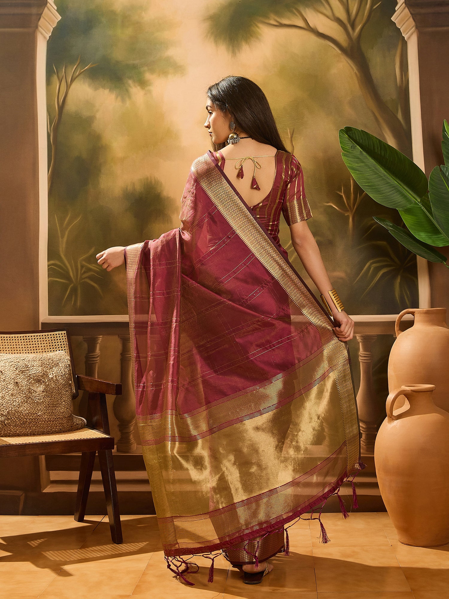 Wine Khadi Organza Woven Jacquard Designer Ethnic Partywear Saree