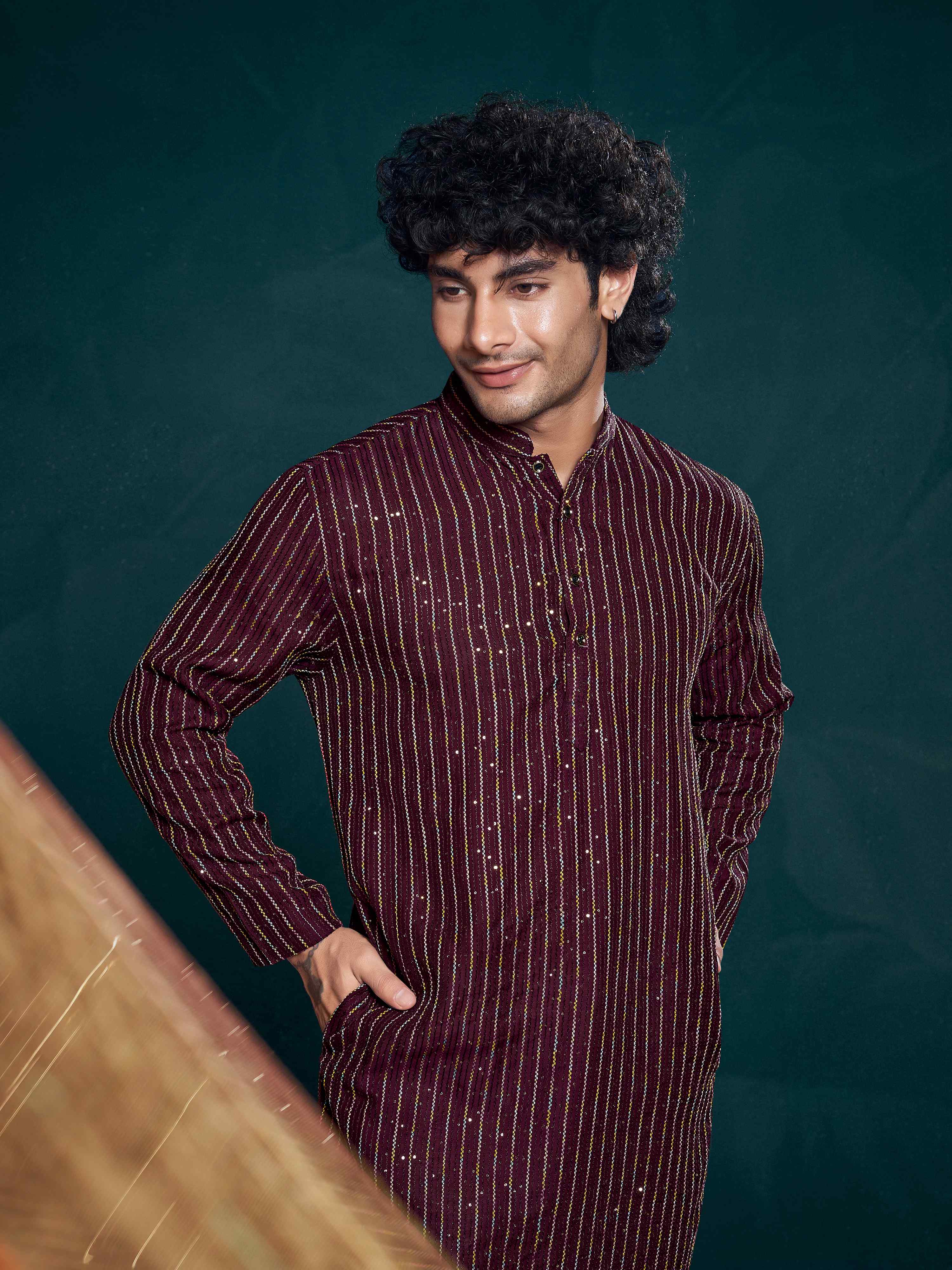 Wine Kurta Payjama with Sequins – Luxe Feel for Special Occasions