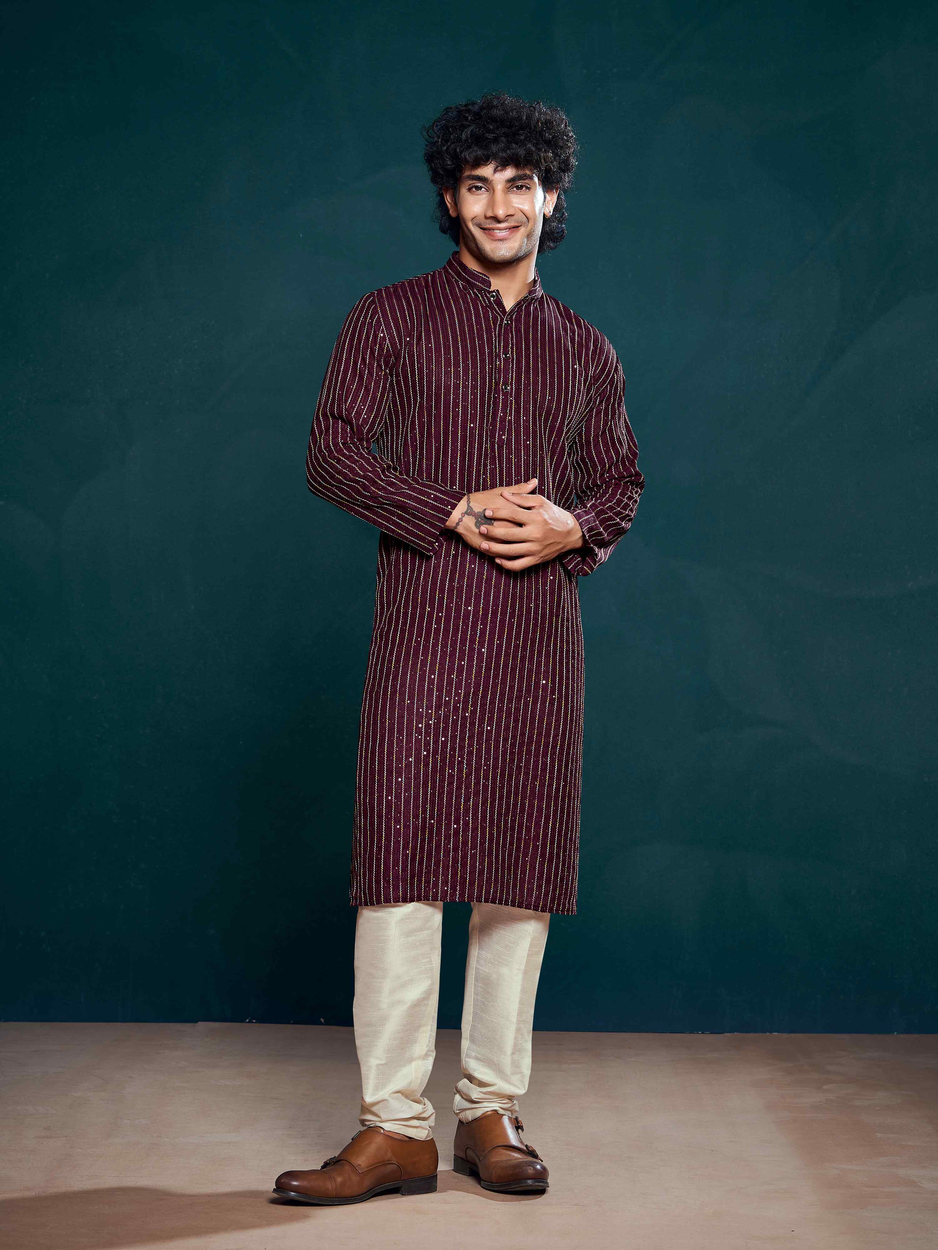 Wine Kurta Payjama with Sequins – Luxe Feel for Special Occasions
