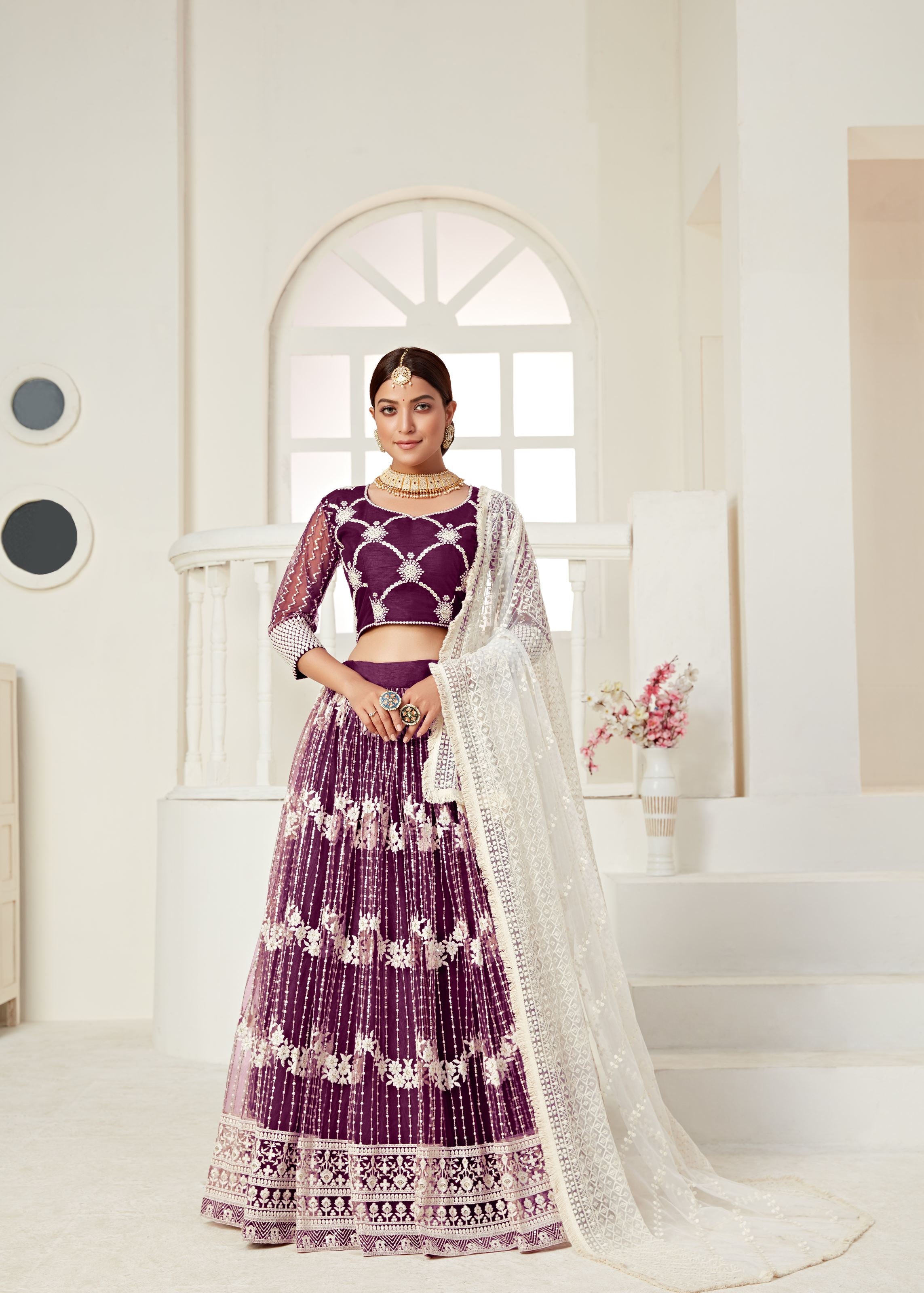 Wine Lehenga Choli And Dupatta With Multi Net And Sequence Embroidered Thread Work