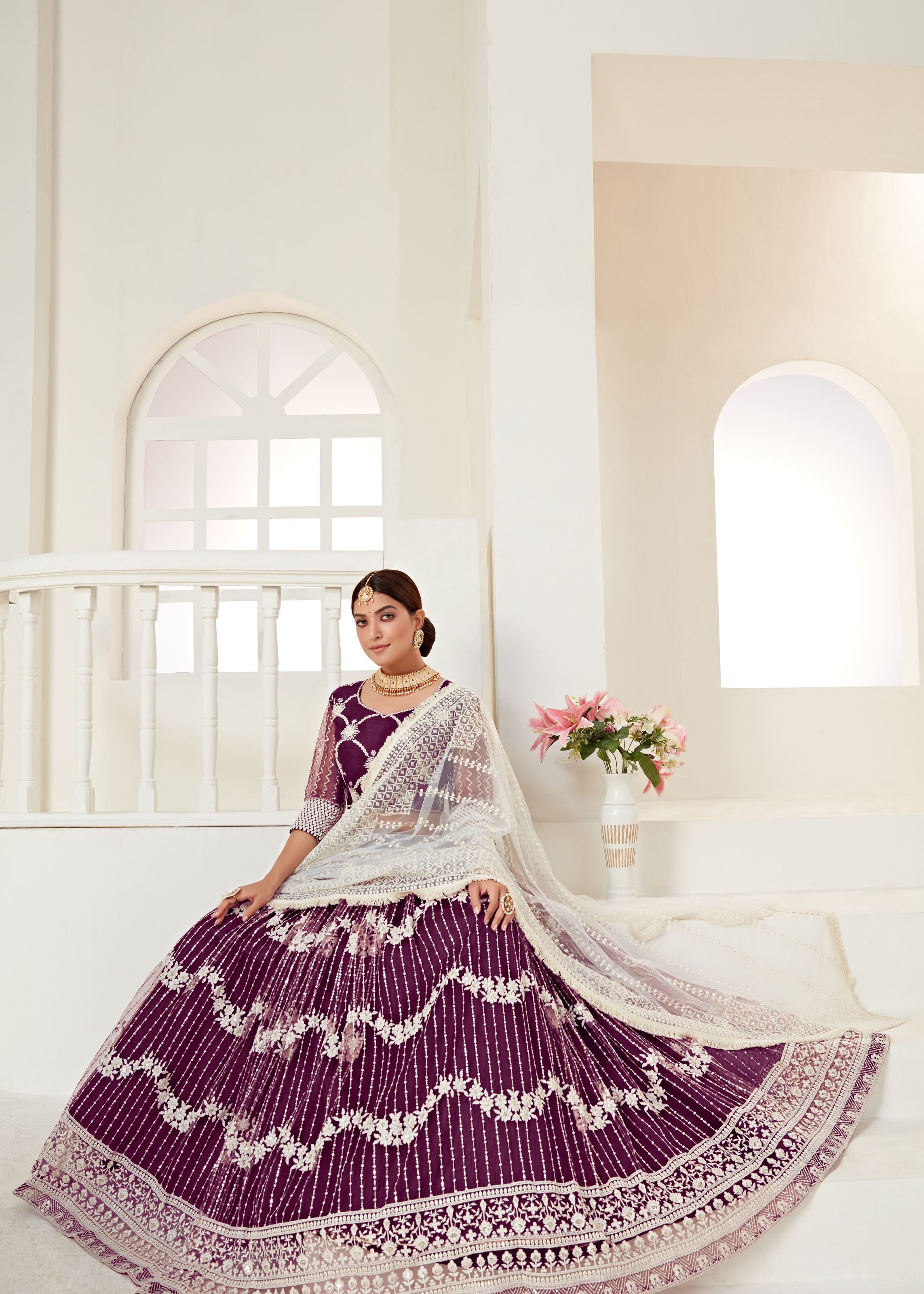 Wine Lehenga Choli And Dupatta With Multi Net And Sequence Embroidered Thread Work