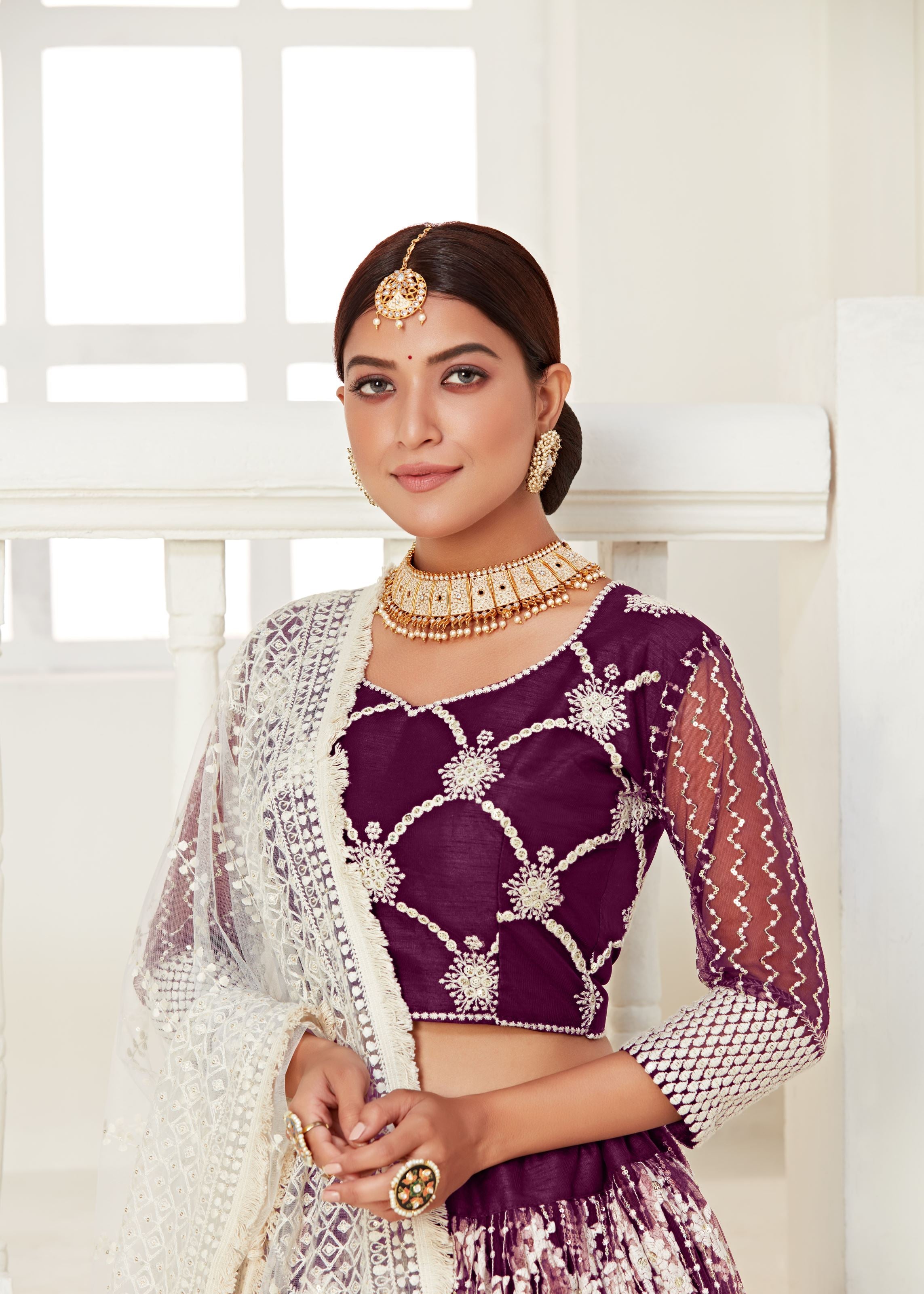 Wine Lehenga Choli And Dupatta With Multi Net And Sequence Embroidered Thread Work