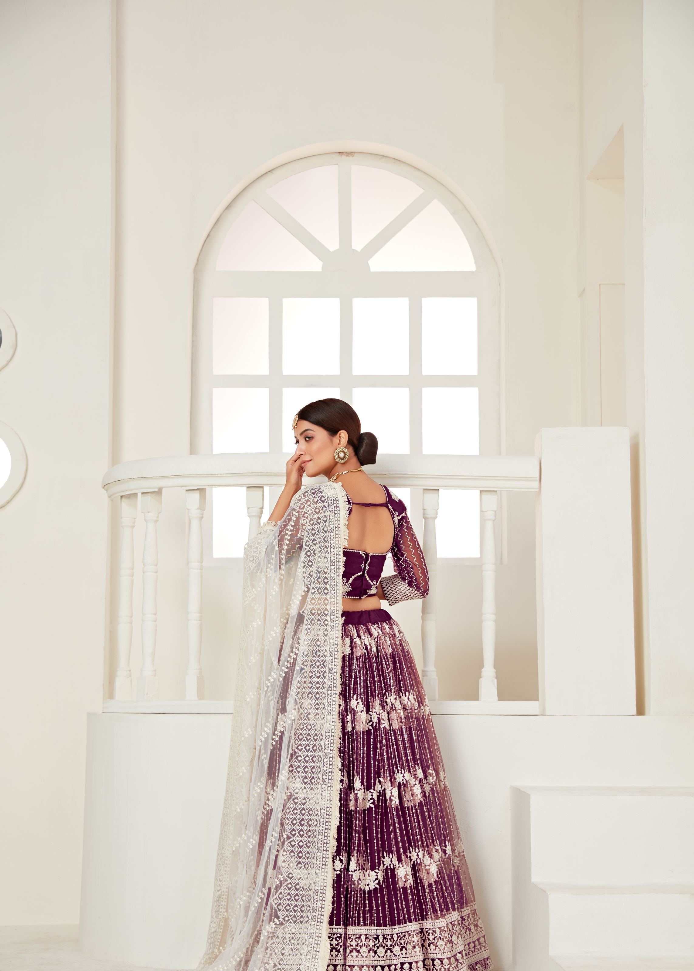 Wine Lehenga Choli And Dupatta With Multi Net And Sequence Embroidered Thread Work