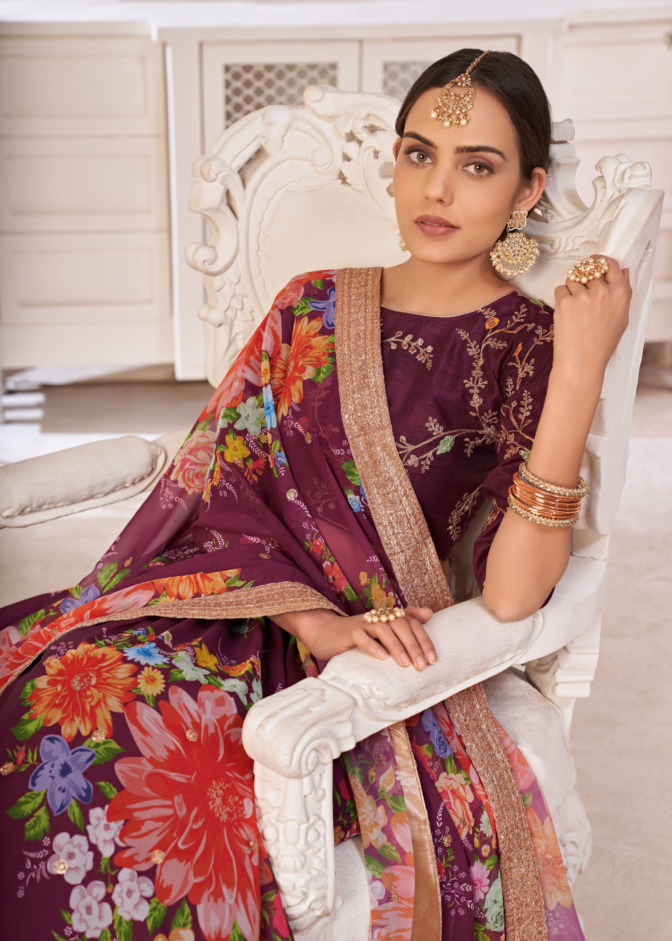 Wine Lehenga Choli With Digital Floral Print And Embroidered Work With Jari Sequins Dori Work