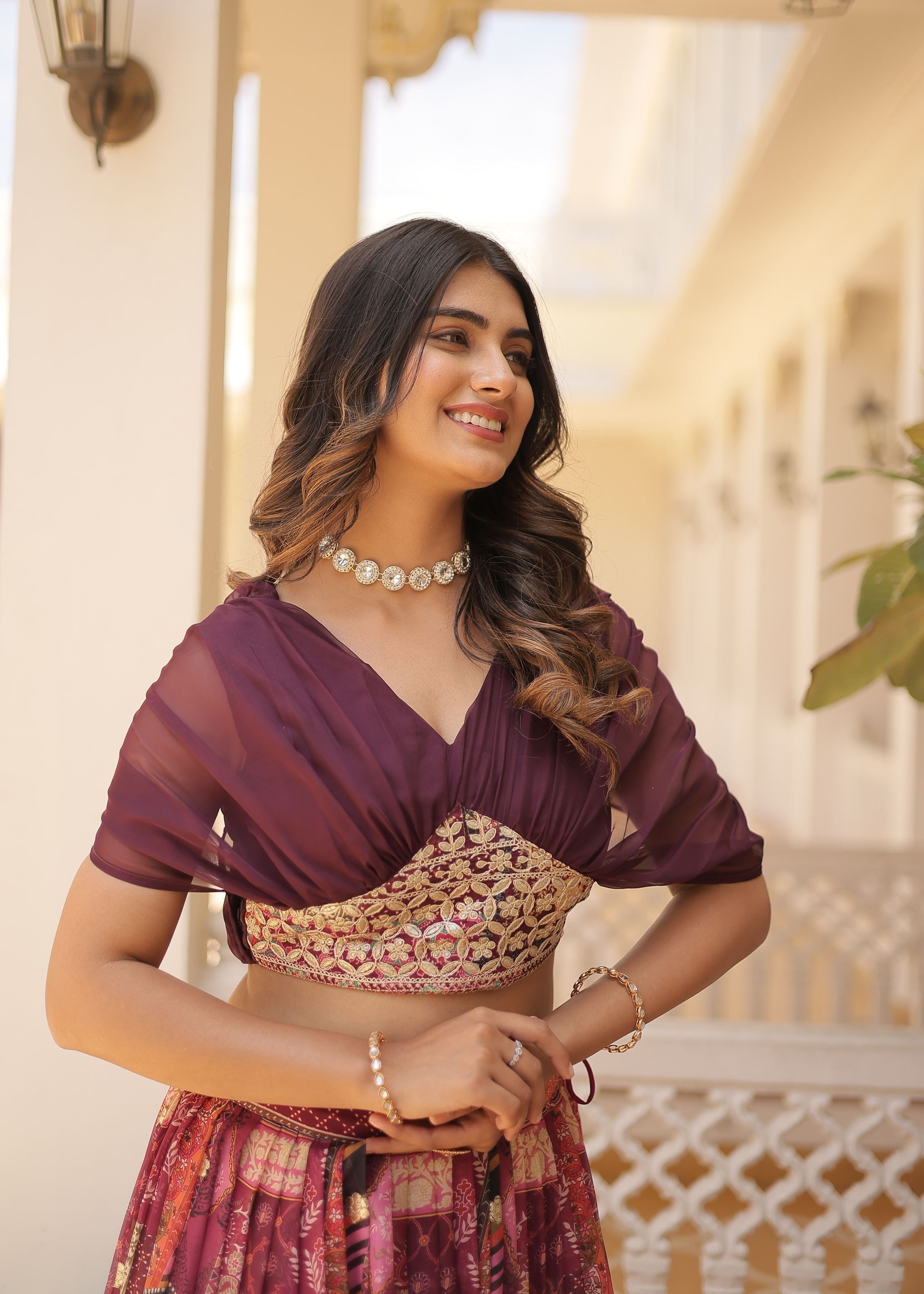 Wine Lehenga Choli With Thread and Embroidery Work