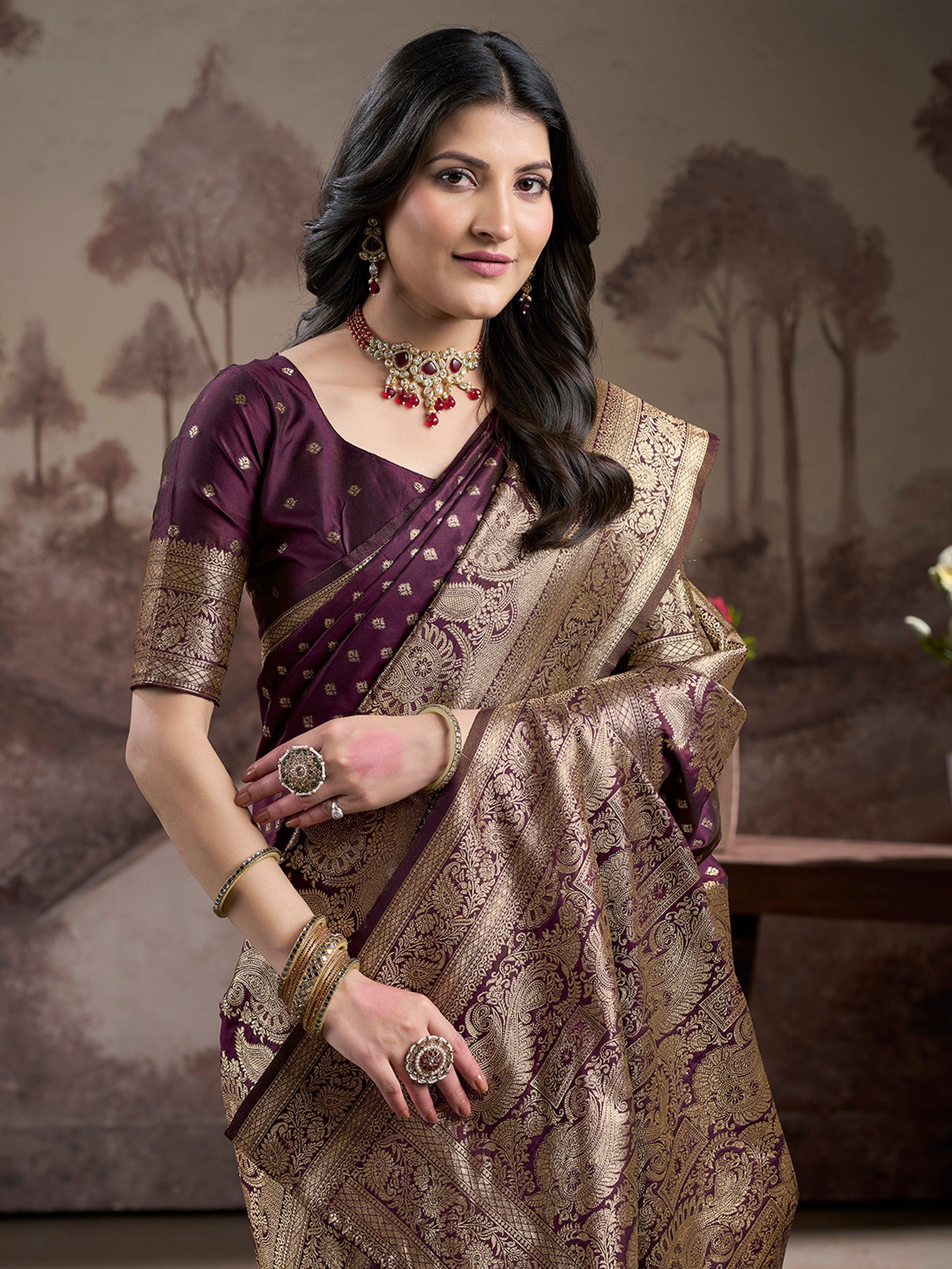 Wine Lichi Silk Woven Rich Pallu Designer Heavy Partywear Saree