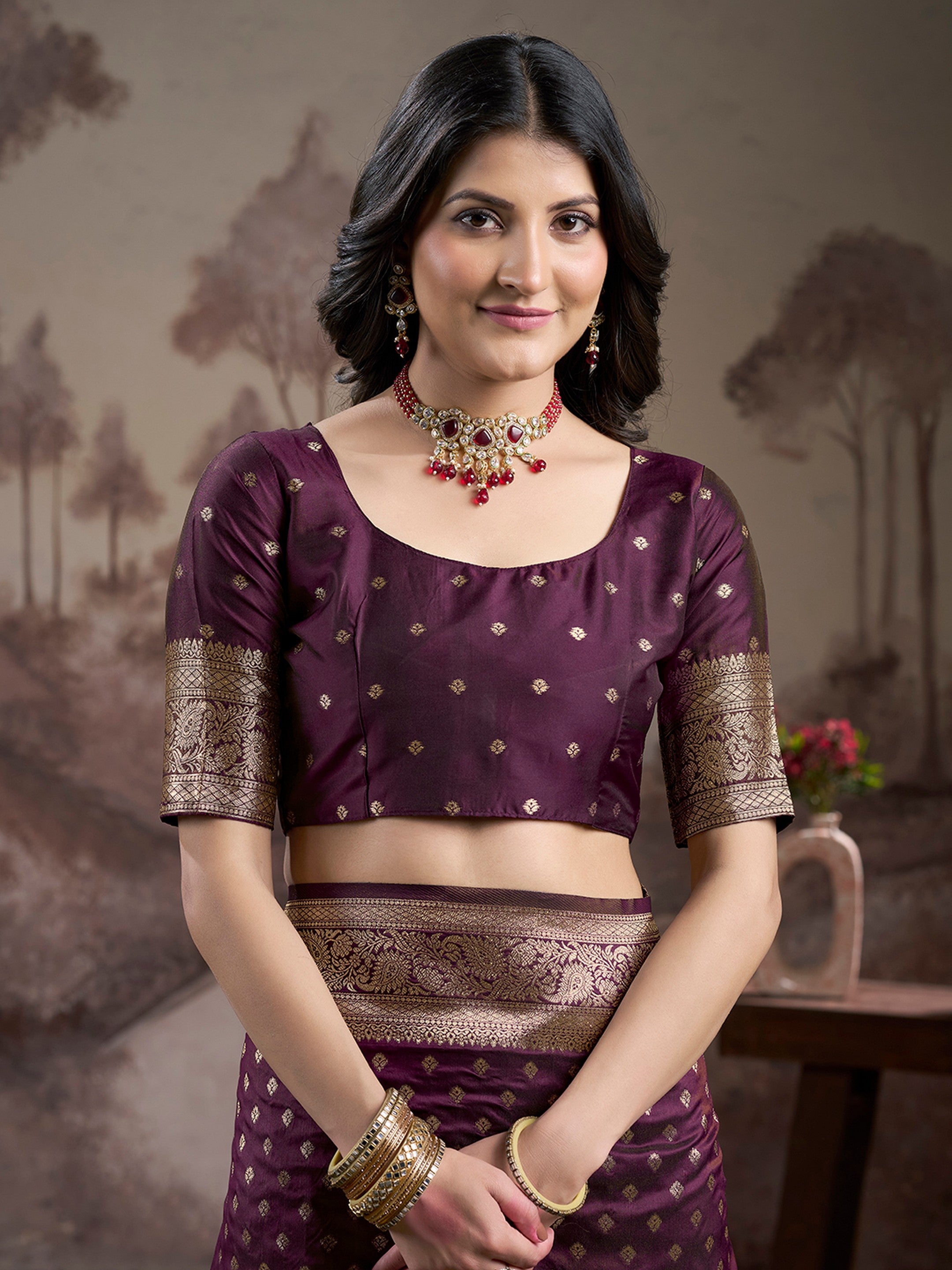 Wine Lichi Silk Woven Rich Pallu Designer Heavy Partywear Saree