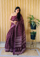 Wine Linen Cotton Digital Batik Printed Traditional Looks Saree