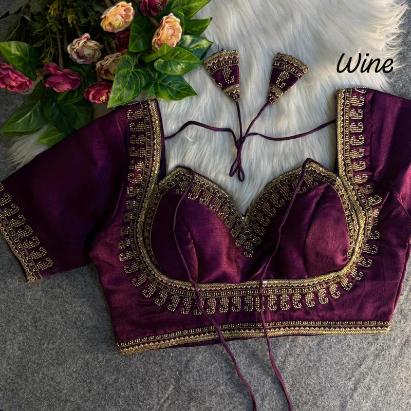 Wine Luxe Royal Beads Work Bridal Blouse  Italian Silk Designer Couture Wear