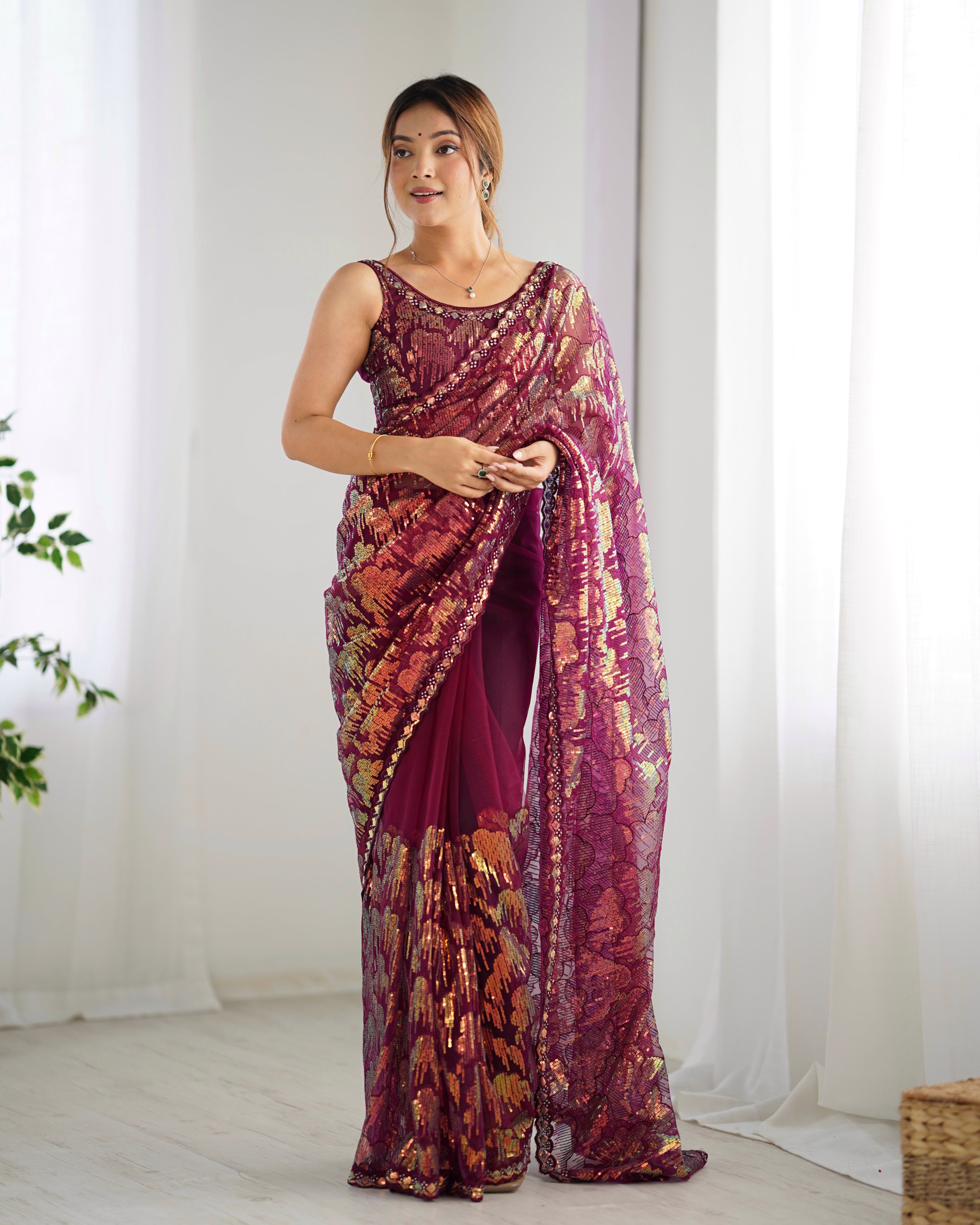 Wine Mono Net Beautiful Bollywood Saree With Designer Sequins Work