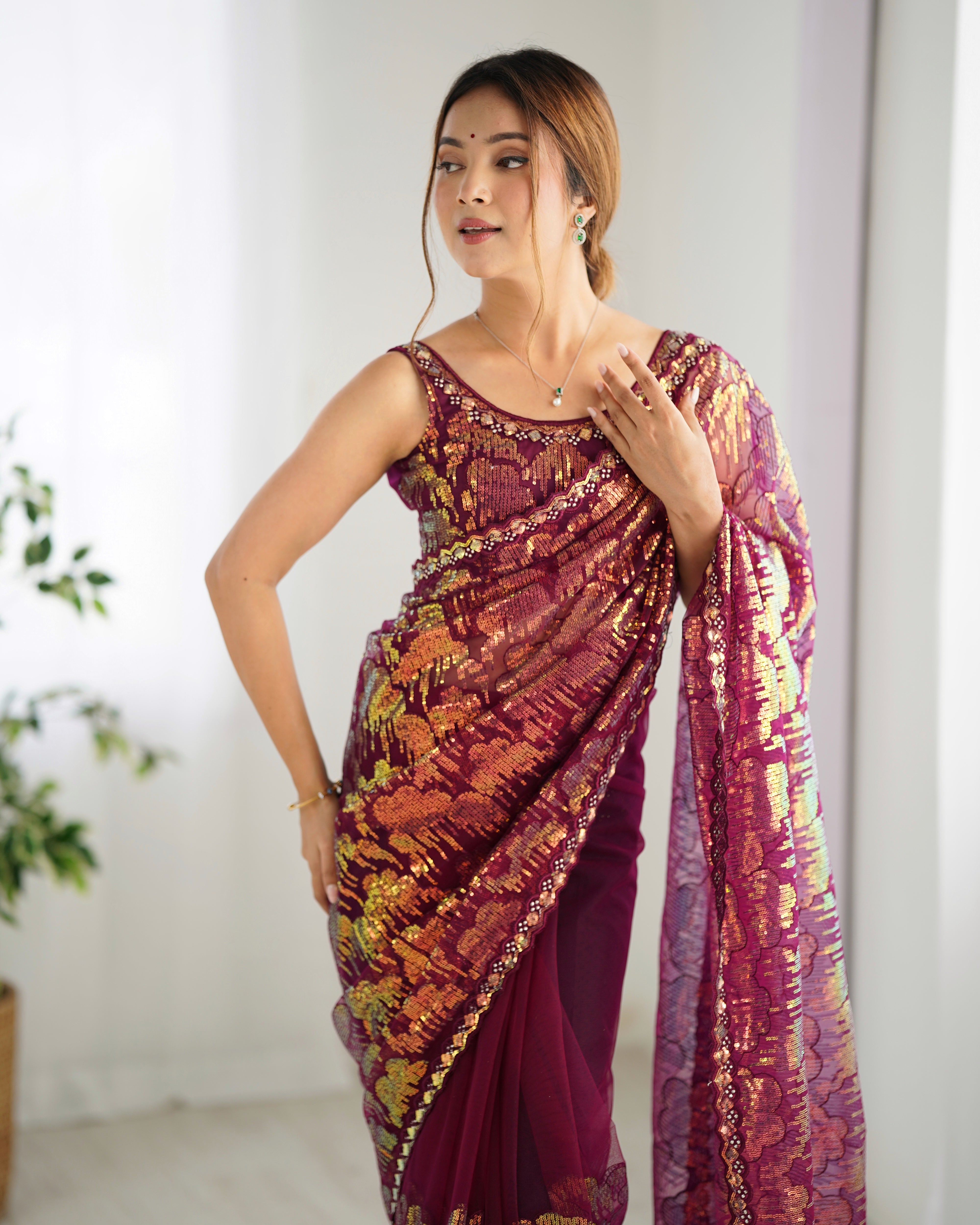 Wine Mono Net Beautiful Bollywood Saree With Designer Sequins Work