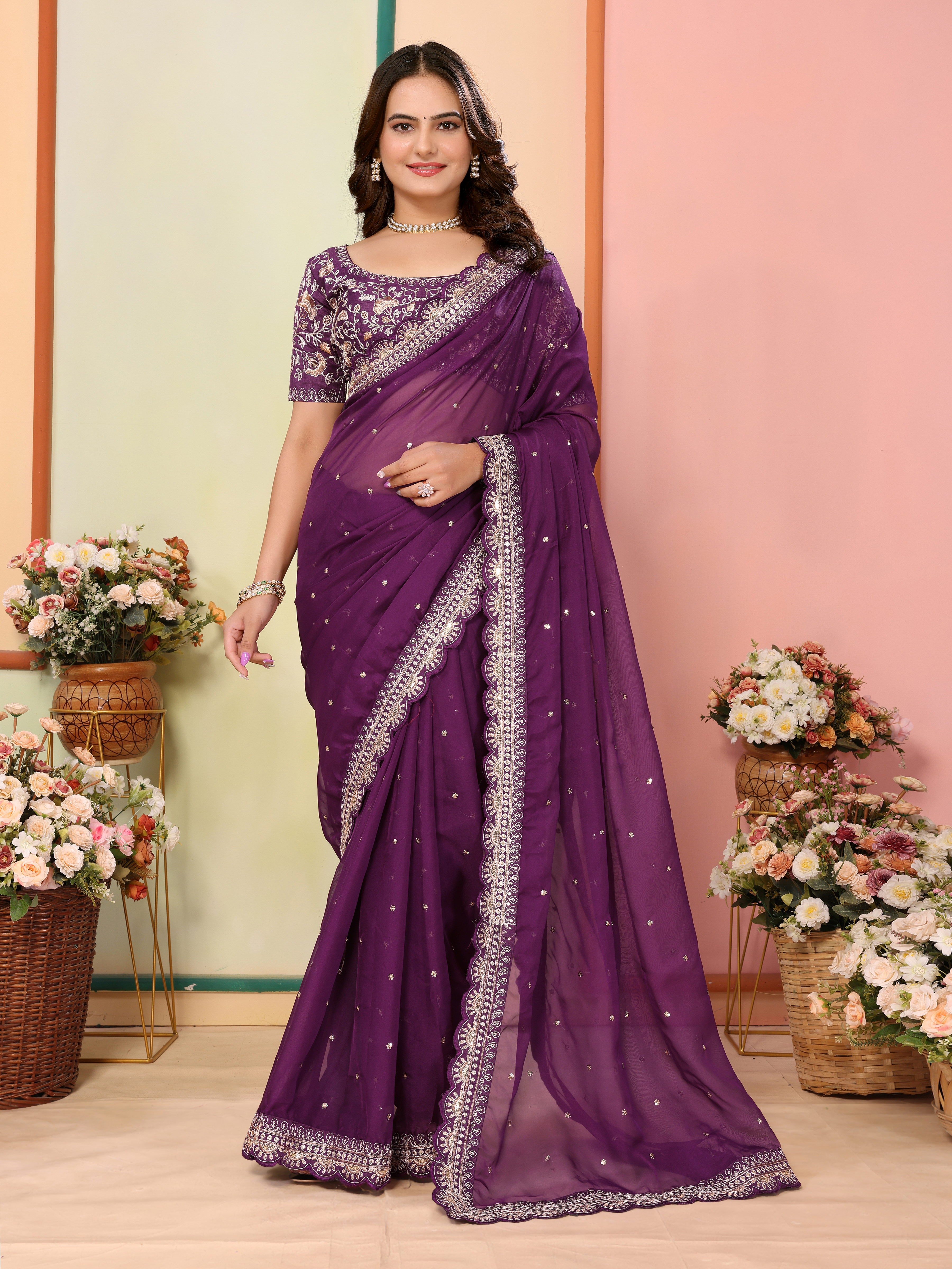 Wine Organza Designer Embroidery Work Patywear Saree