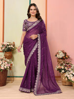 Wine Organza Designer Embroidery Work Patywear Saree
