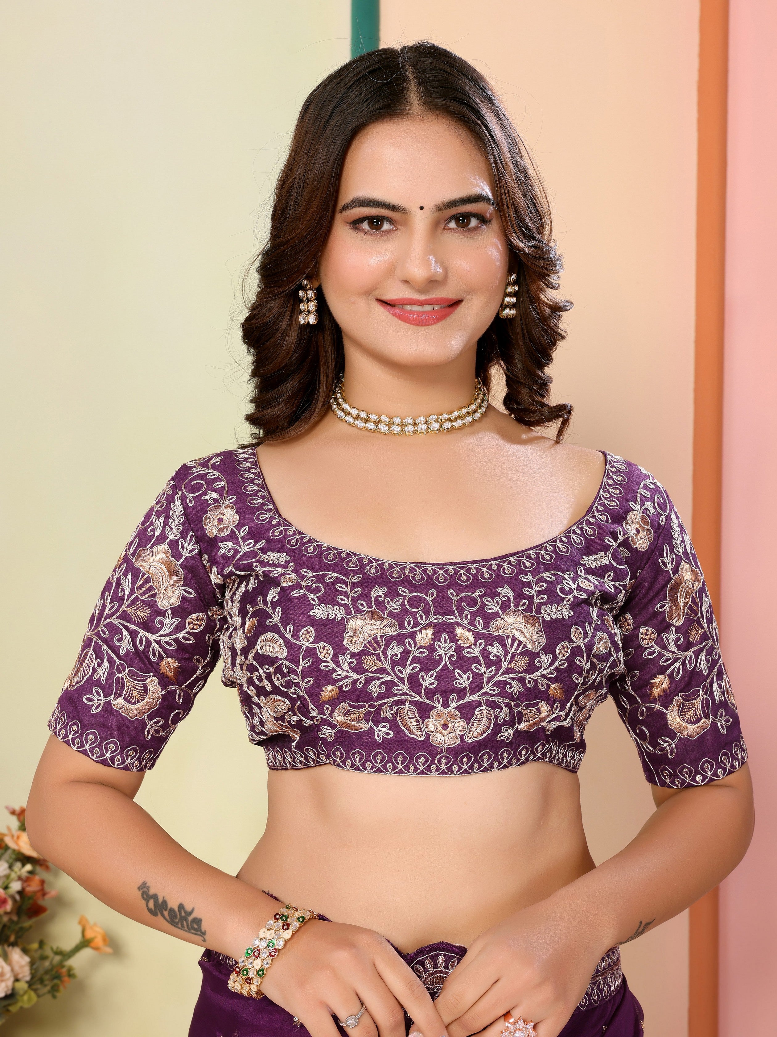 Wine Organza Designer Embroidery Work Patywear Saree