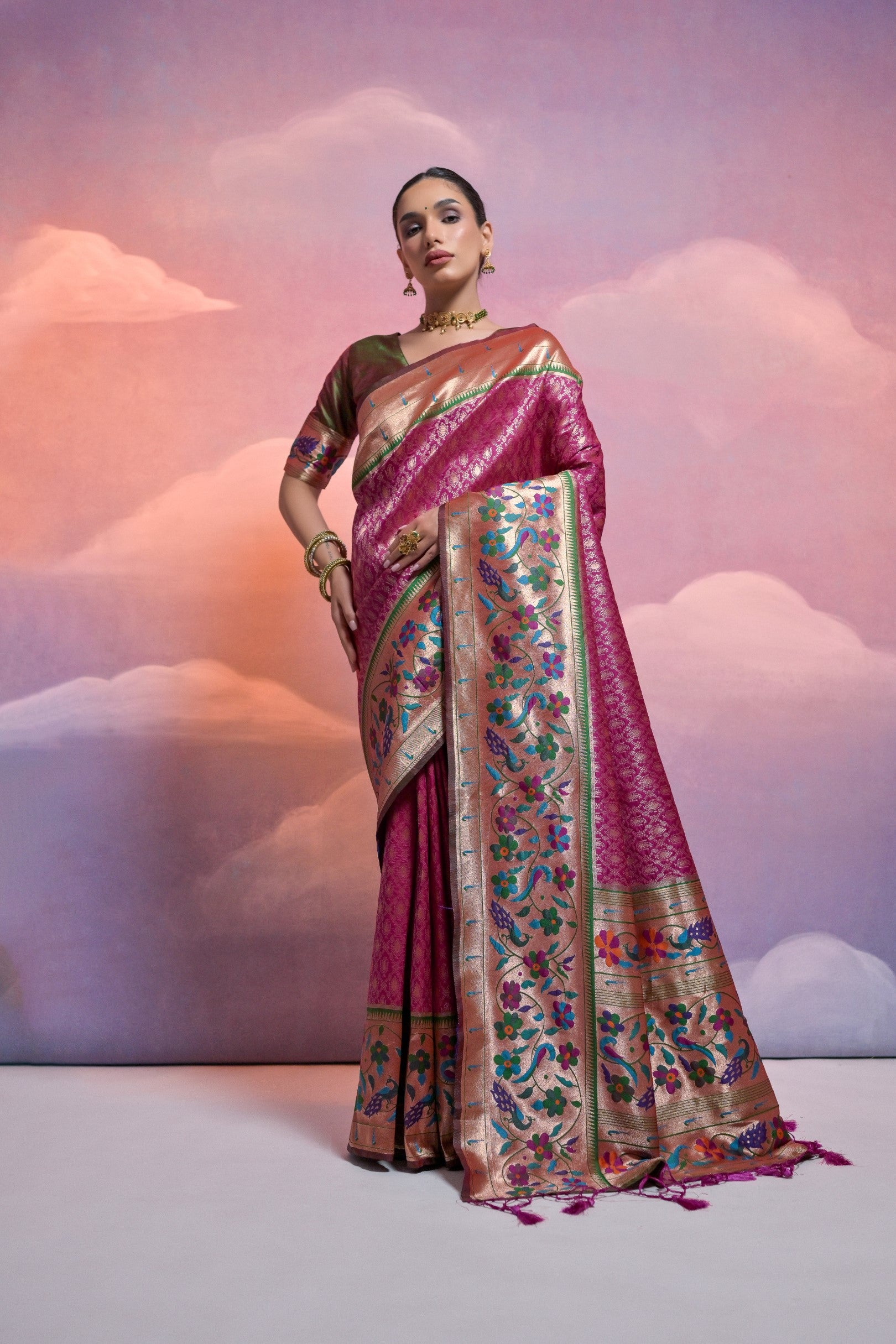 Wine Paithani Silk Saree with Meenakari Border and Zari Weaves