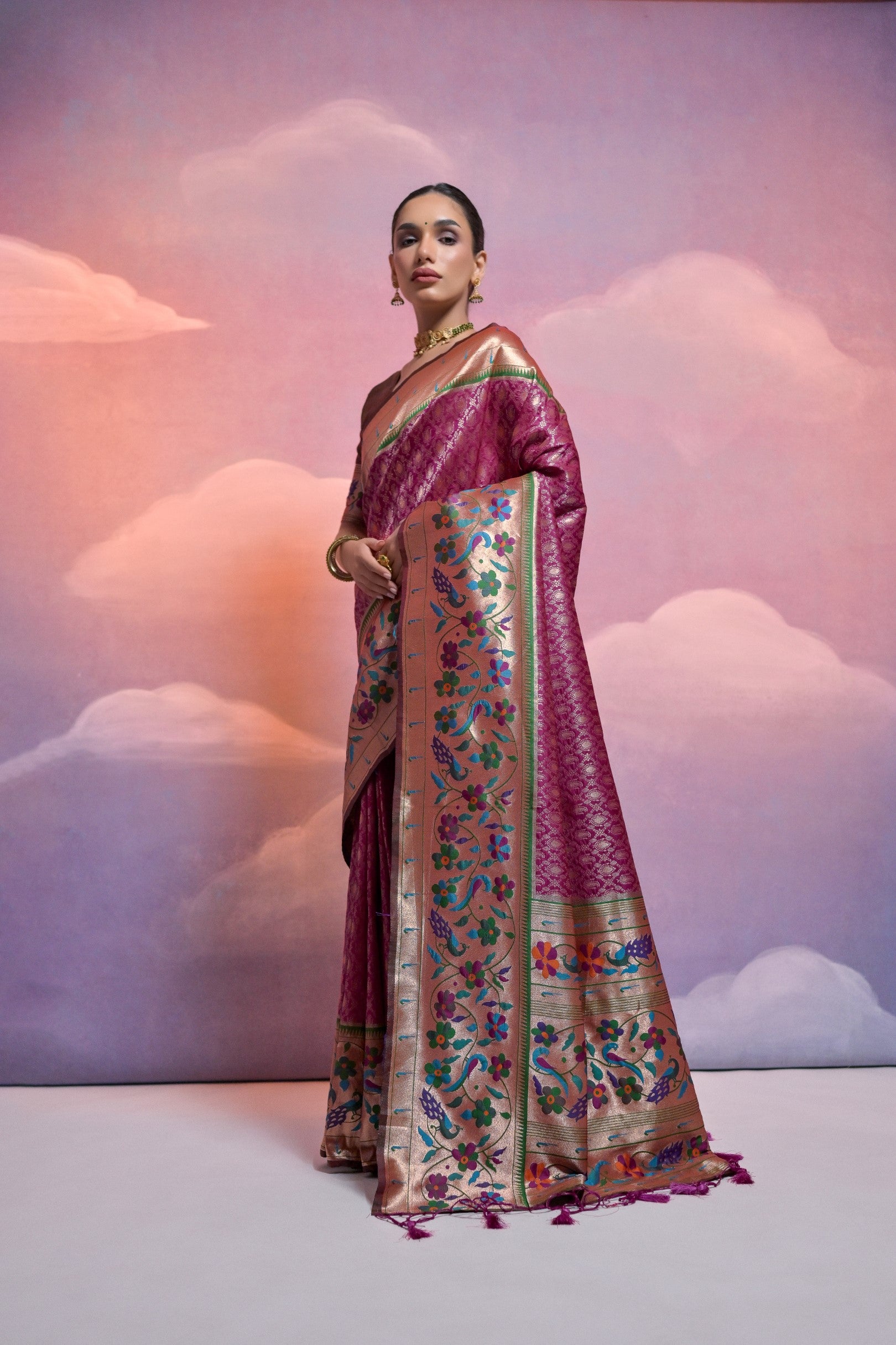 Wine Paithani Silk Saree with Meenakari Border and Zari Weaves