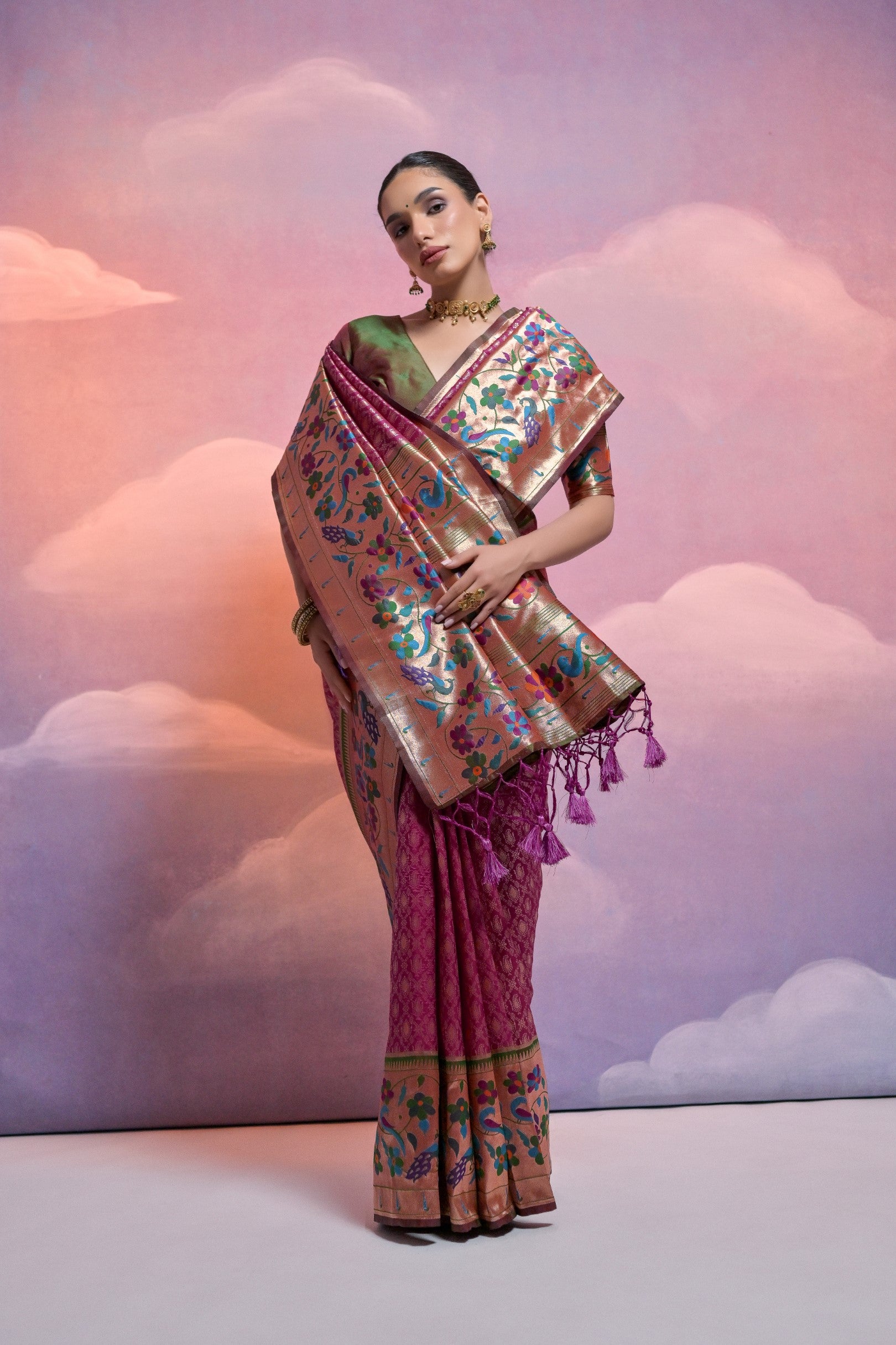 Wine Paithani Silk Saree with Meenakari Border and Zari Weaves