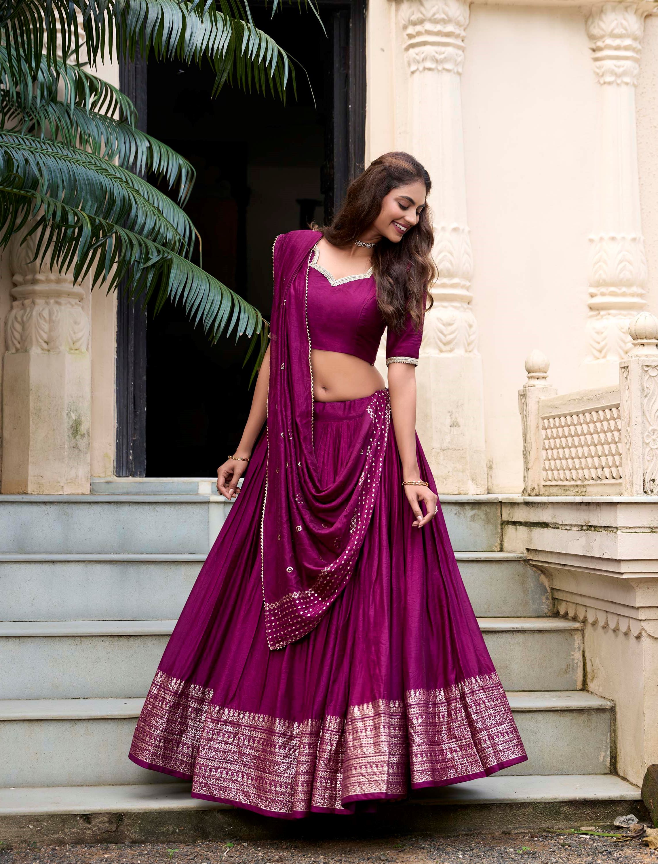 Wine Plain Chanderi Lehenga with Zari Weaving Finish