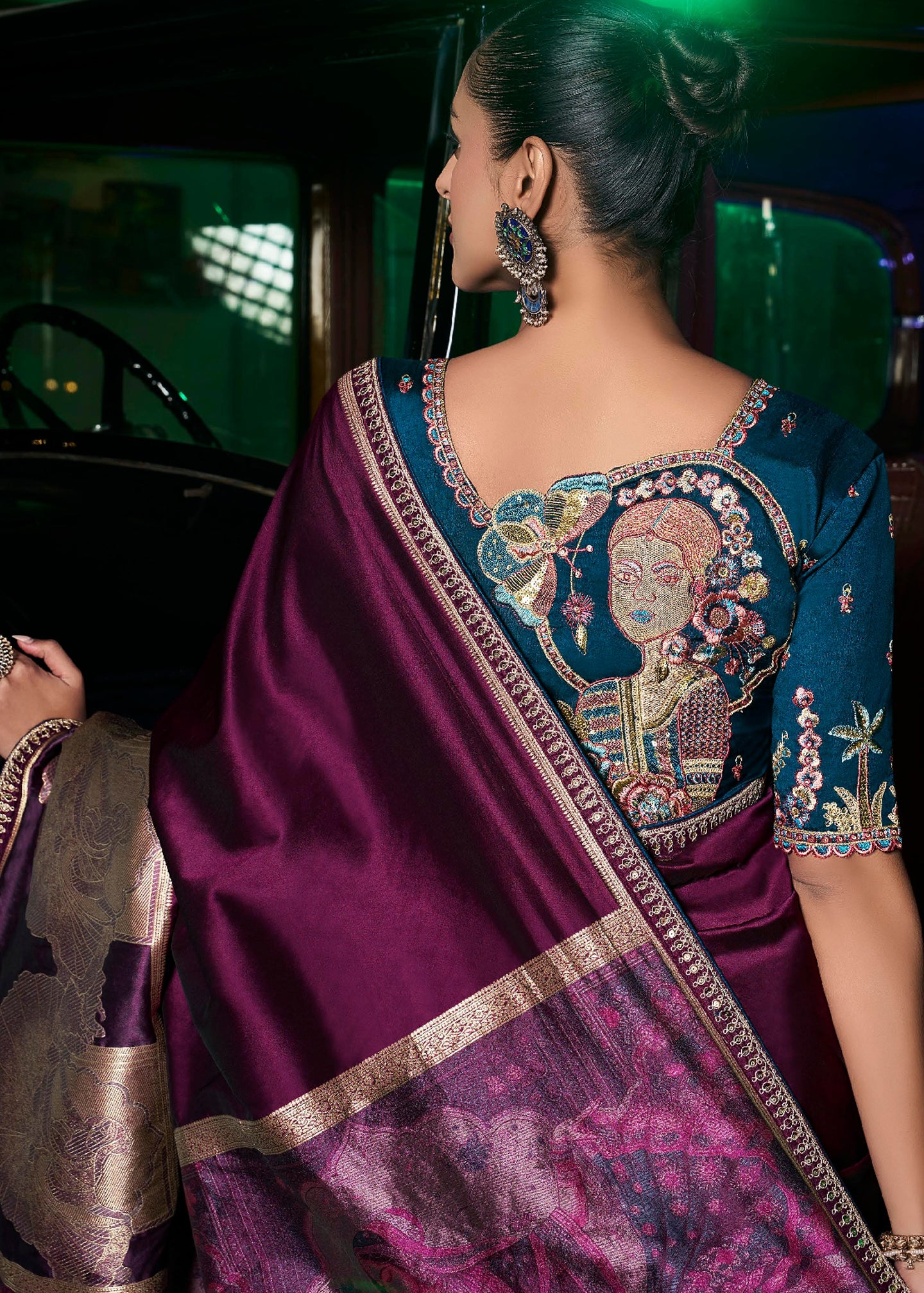 Wine Pure Silk Saree with Weaved Pallu and Embroidered Blouse