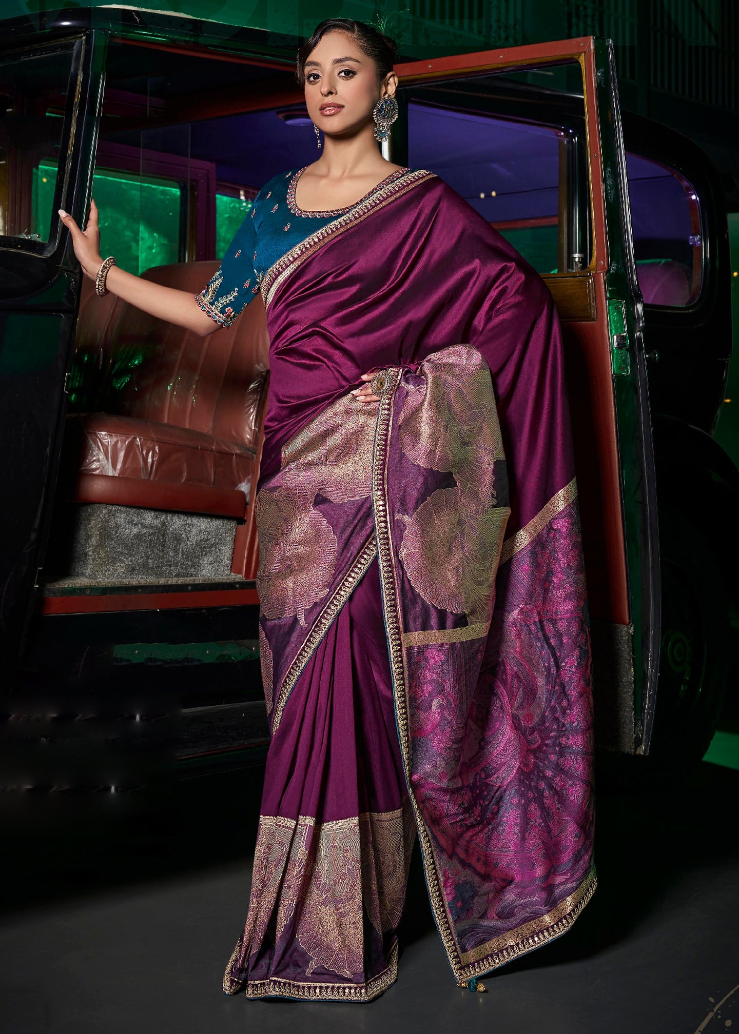 Wine Pure Silk Saree with Weaved Pallu and Embroidered Blouse