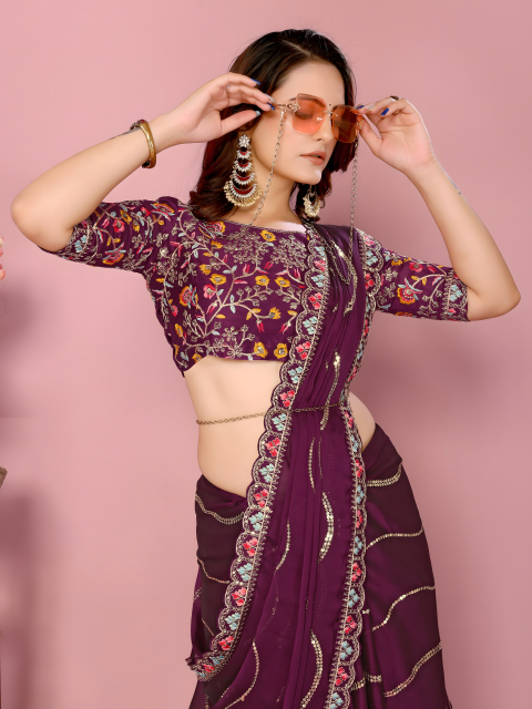 Wine Rangoli  Silk  Saree with Embroidery cut work Lace with sequence work