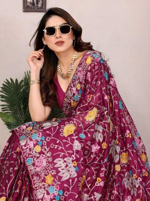 Wine Rangoli Silk Saree with Embroidery  with piping border  Work