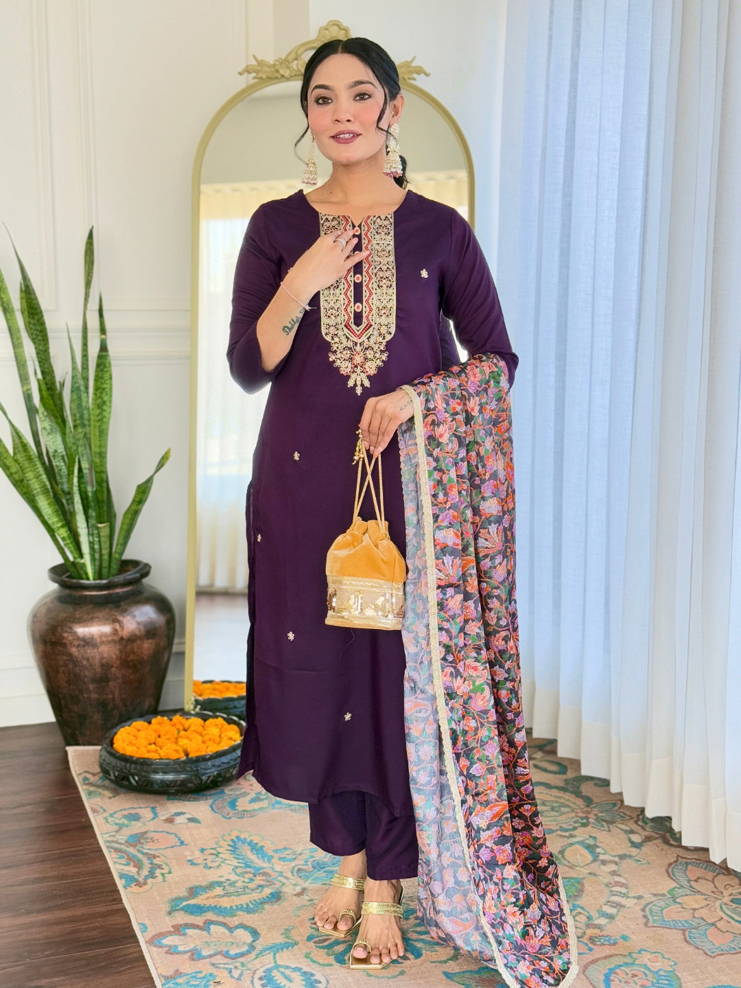 Wine Rayon Elegant Kurta Pant Set With Embroidery Work