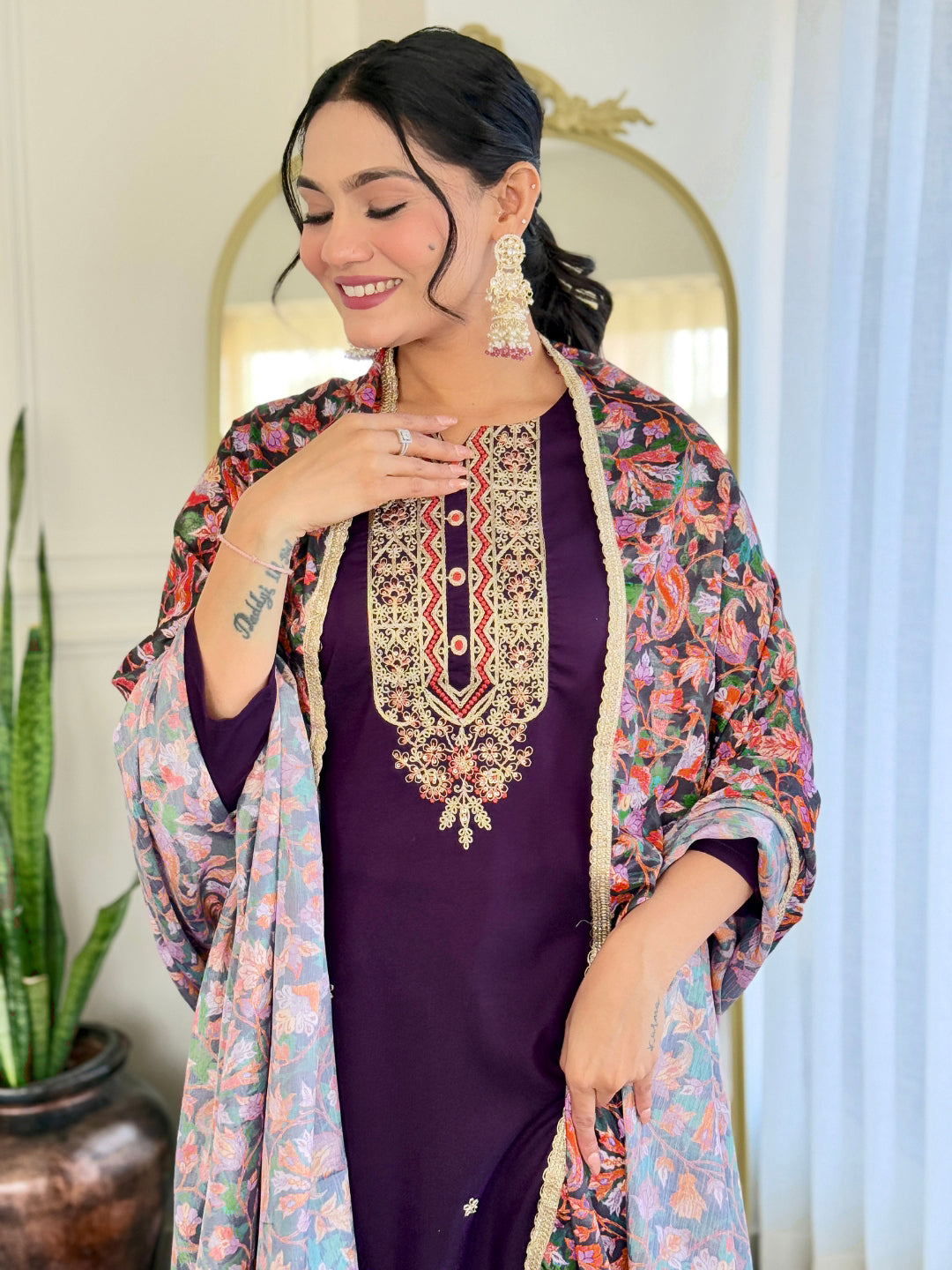 Wine Rayon Elegant Kurta Pant Set With Embroidery Work