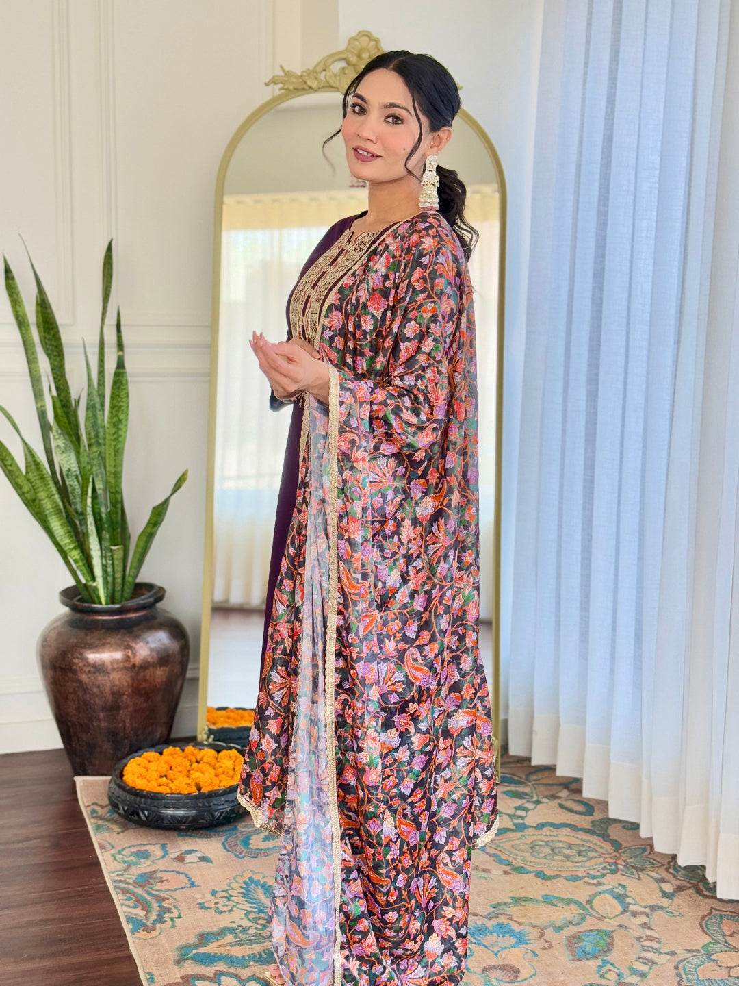 Wine Rayon Elegant Kurta Pant Set With Embroidery Work