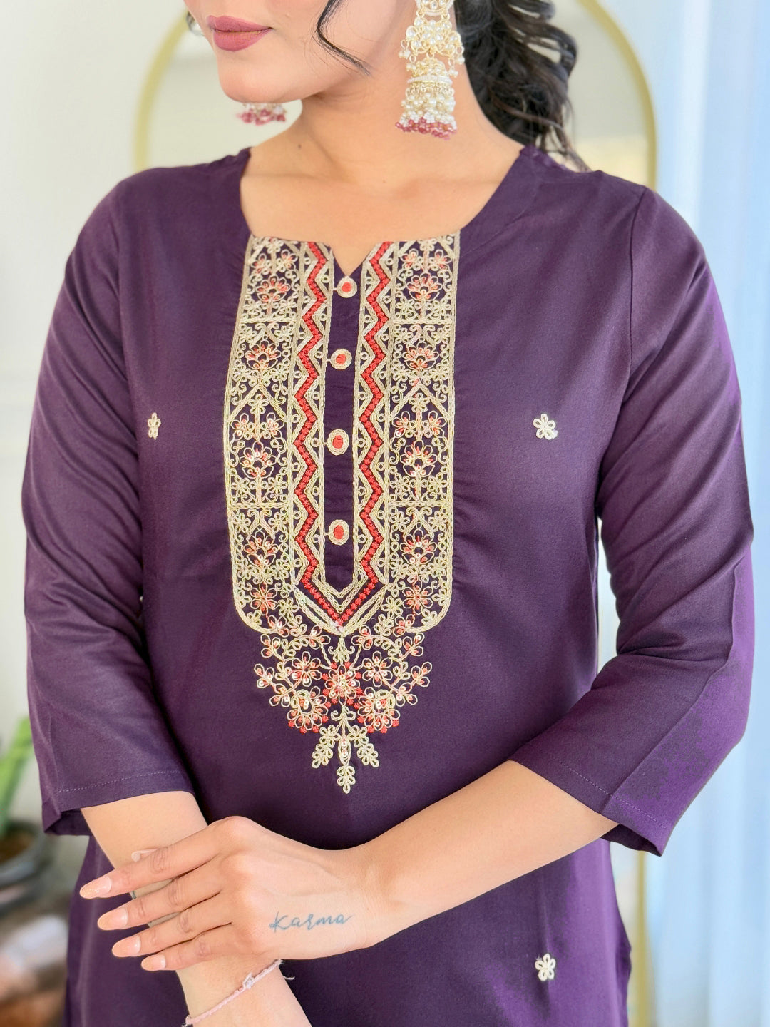 Wine Rayon Elegant Kurta Pant Set With Embroidery Work