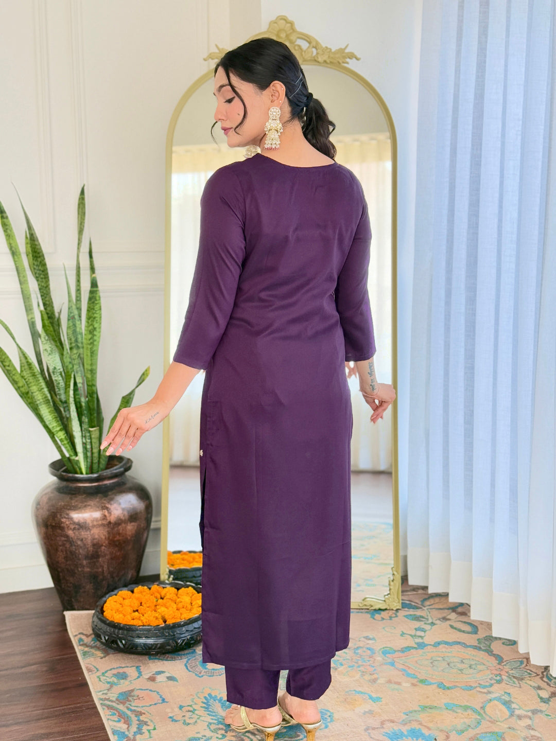 Wine Rayon Elegant Kurta Pant Set With Embroidery Work