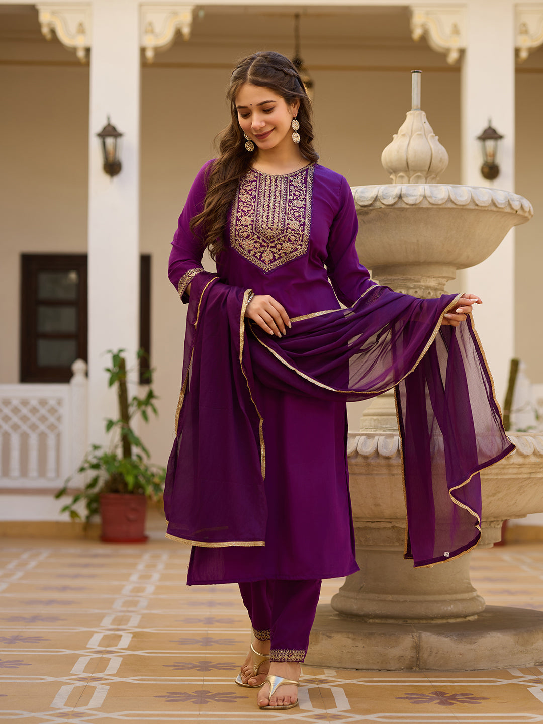 Wine Rayon Kurta Pant Set With Thread Embroidered With Sequins Work