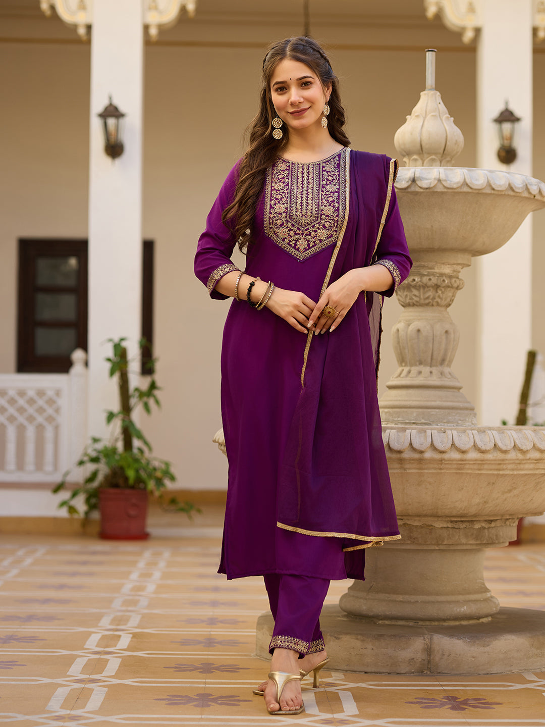 Wine Rayon Kurta Pant Set With Thread Embroidered With Sequins Work