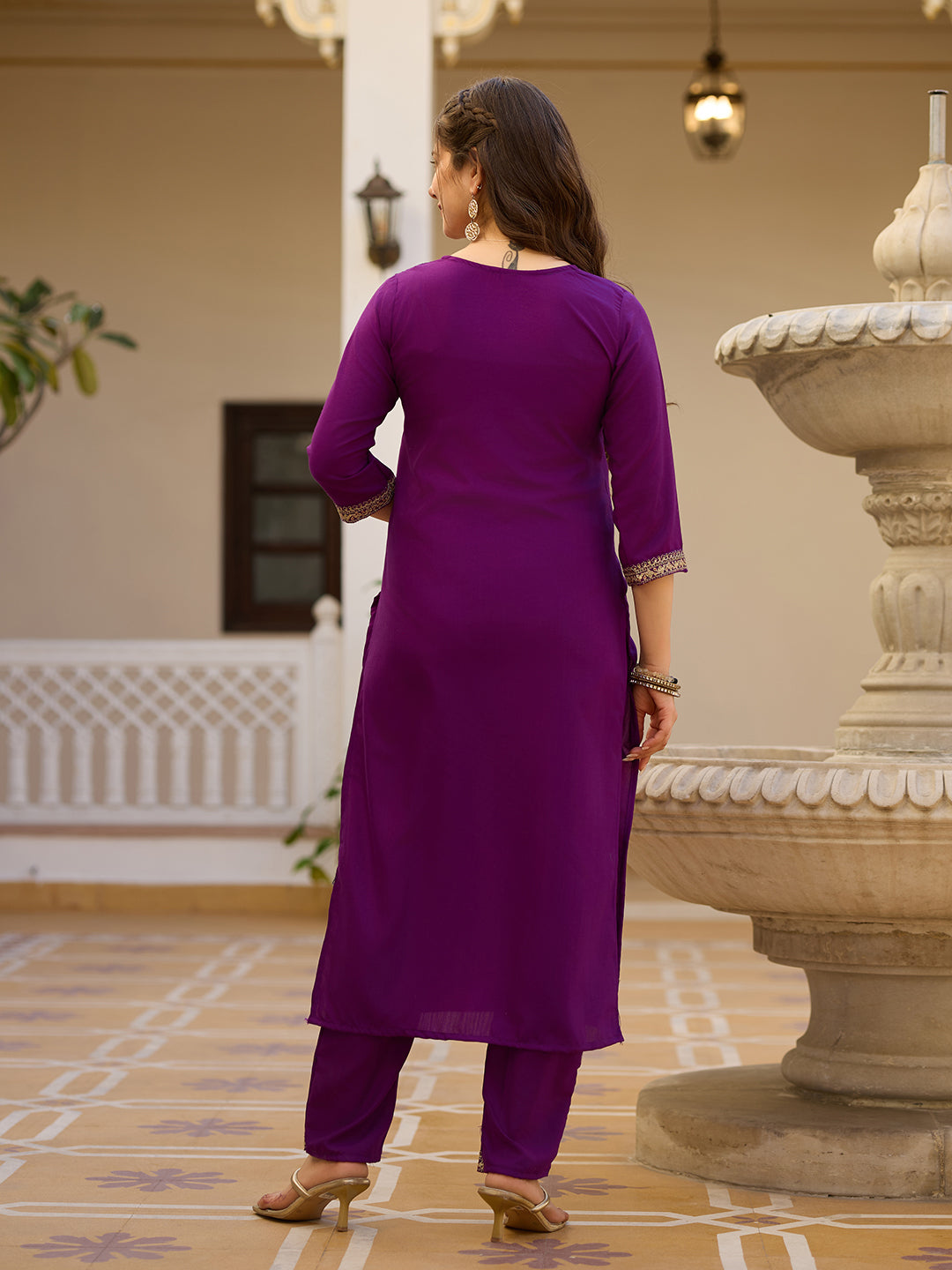 Wine Rayon Kurta Pant Set With Thread Embroidered With Sequins Work