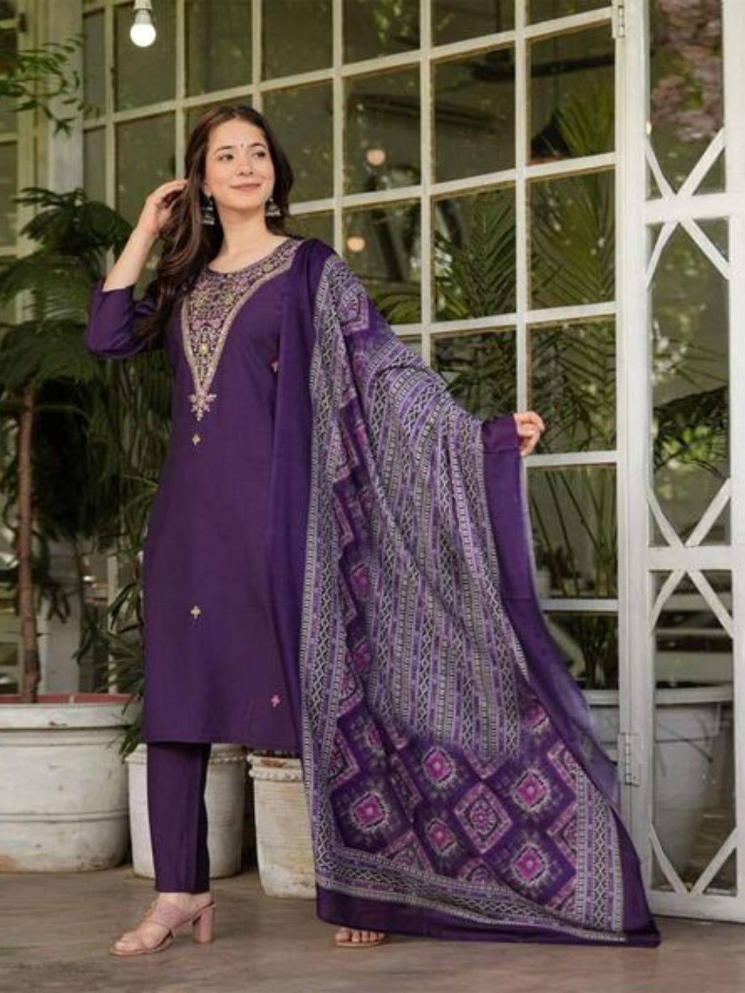 Wine Rayon Slub Elegant Kurta Pant Set With Embroidery Work