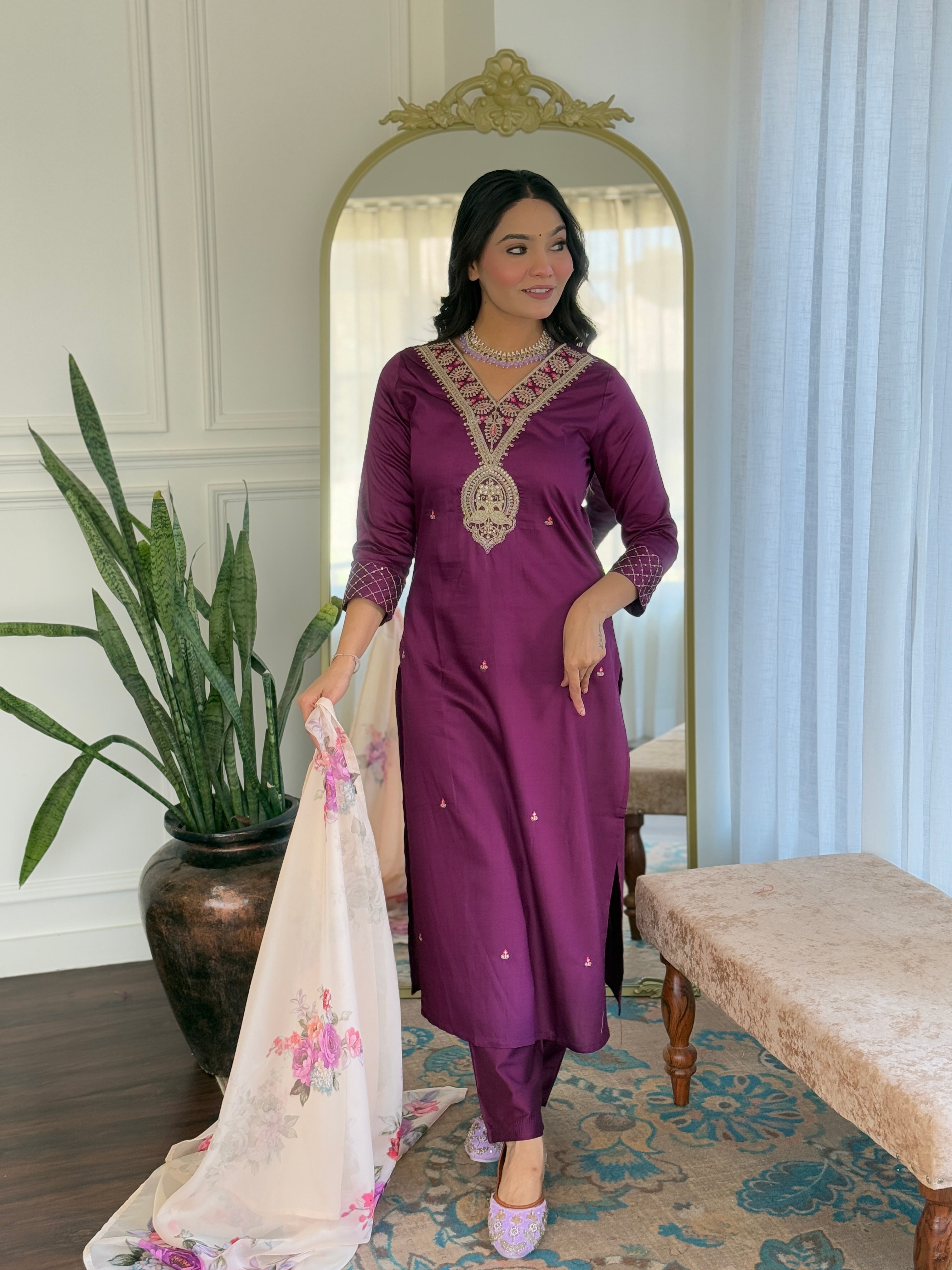 Wine Rayon Slub Elegant Kurta Pant Set With Embroidery Work