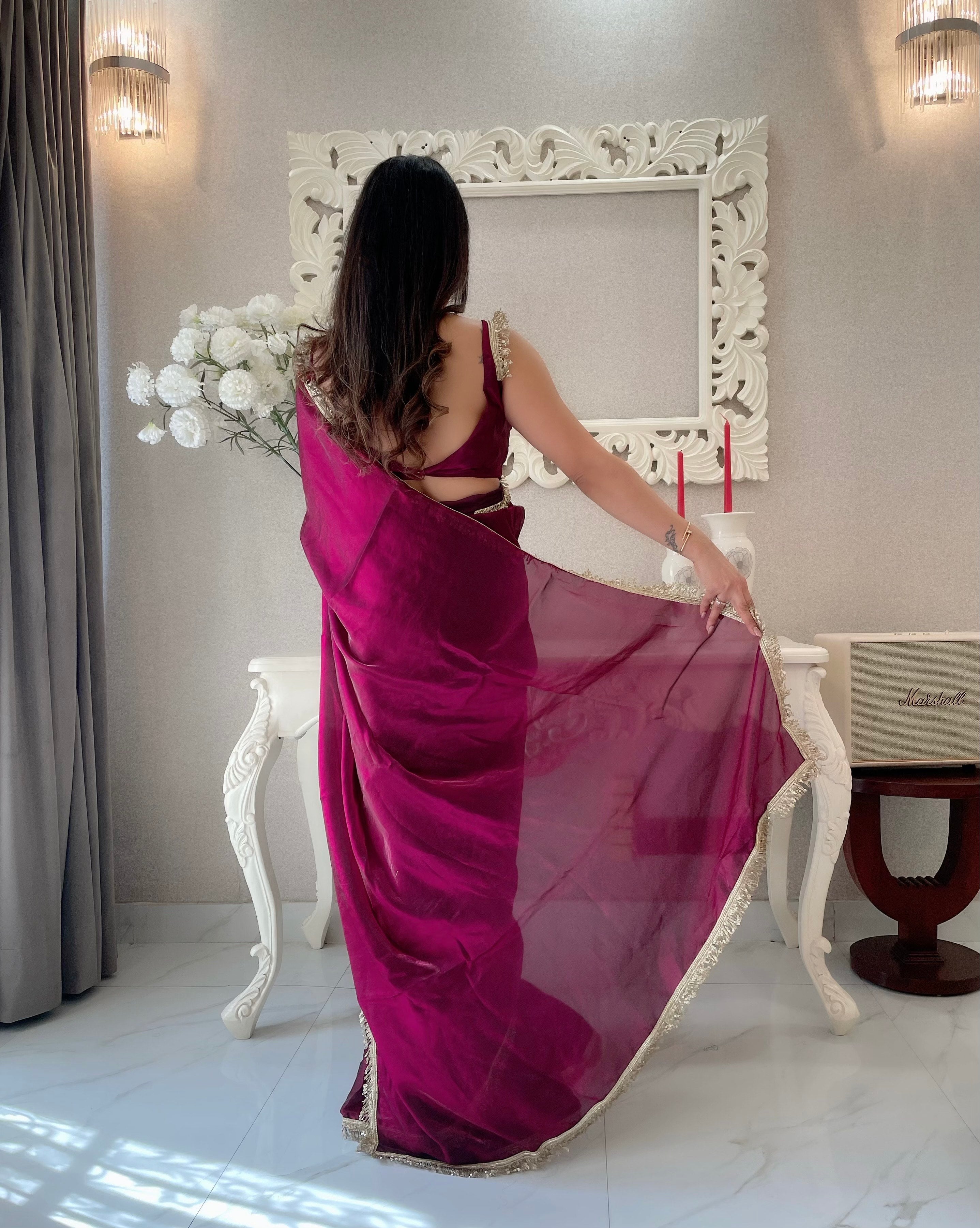 Wine Ready To Wear Fendy Satin Saree Designed With Lace Border