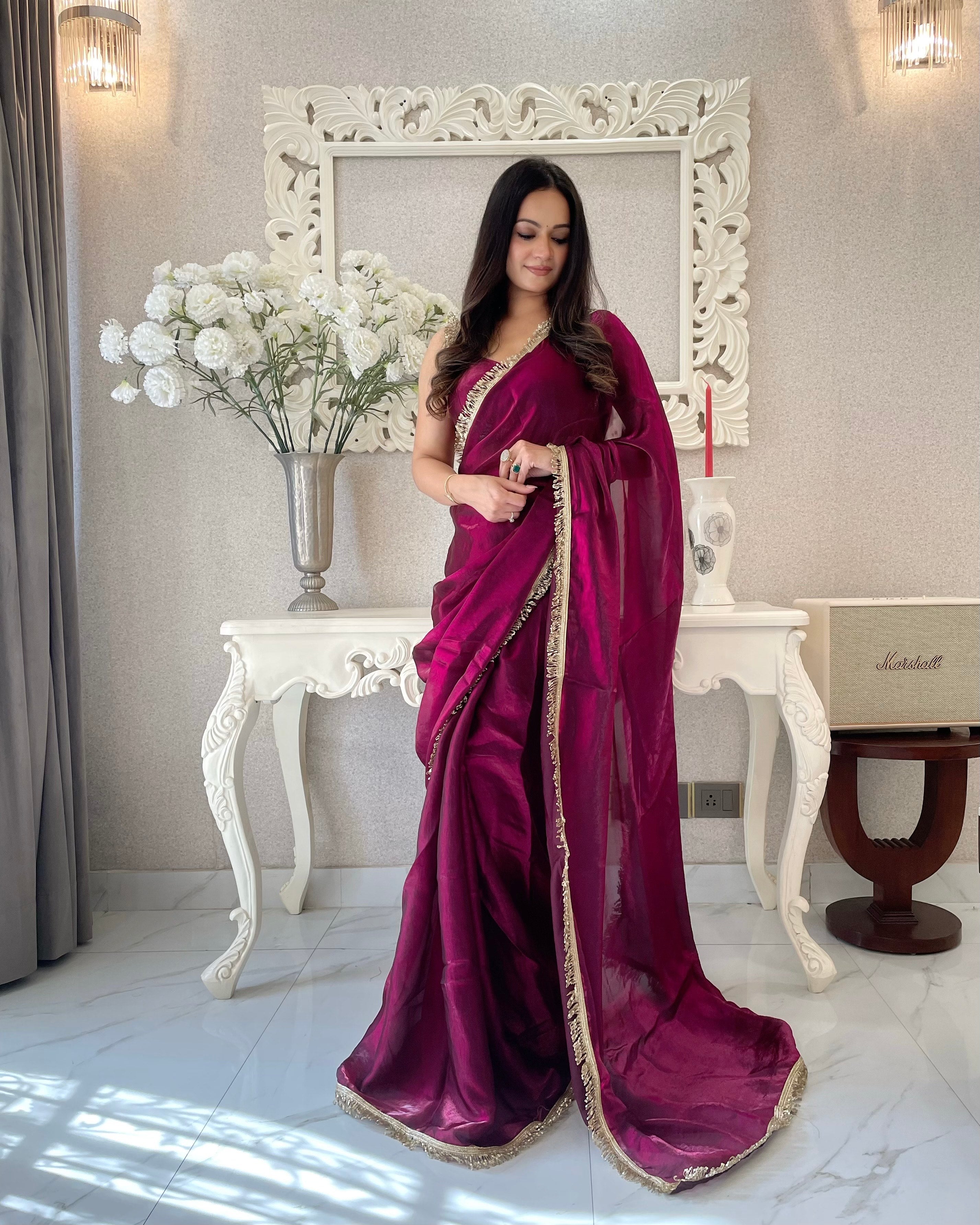 Wine Ready To Wear Fendy Satin Saree Designed With Lace Border