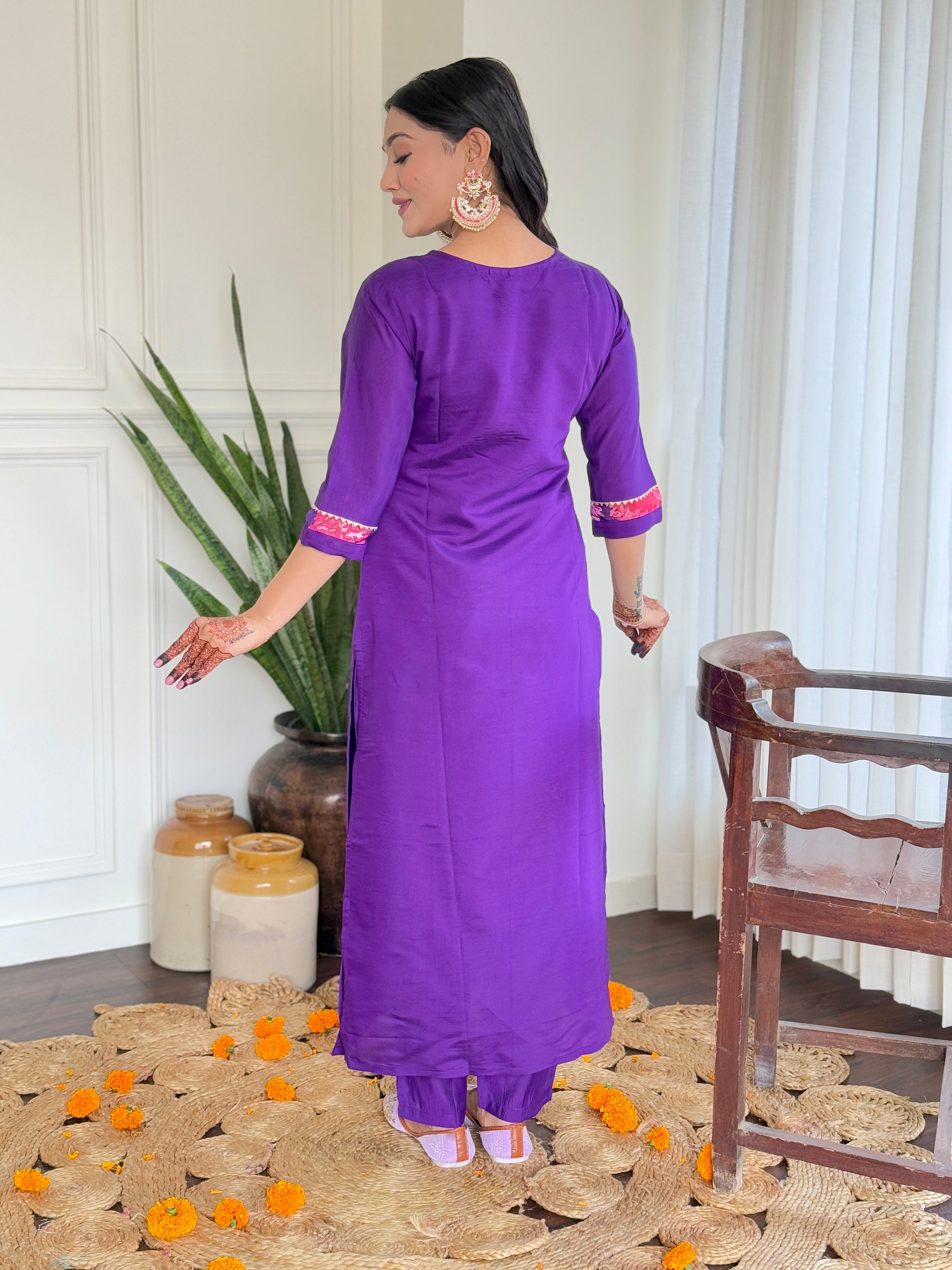Wine Roman Silk Elegant Kurta Pant Set With Embroidery Work