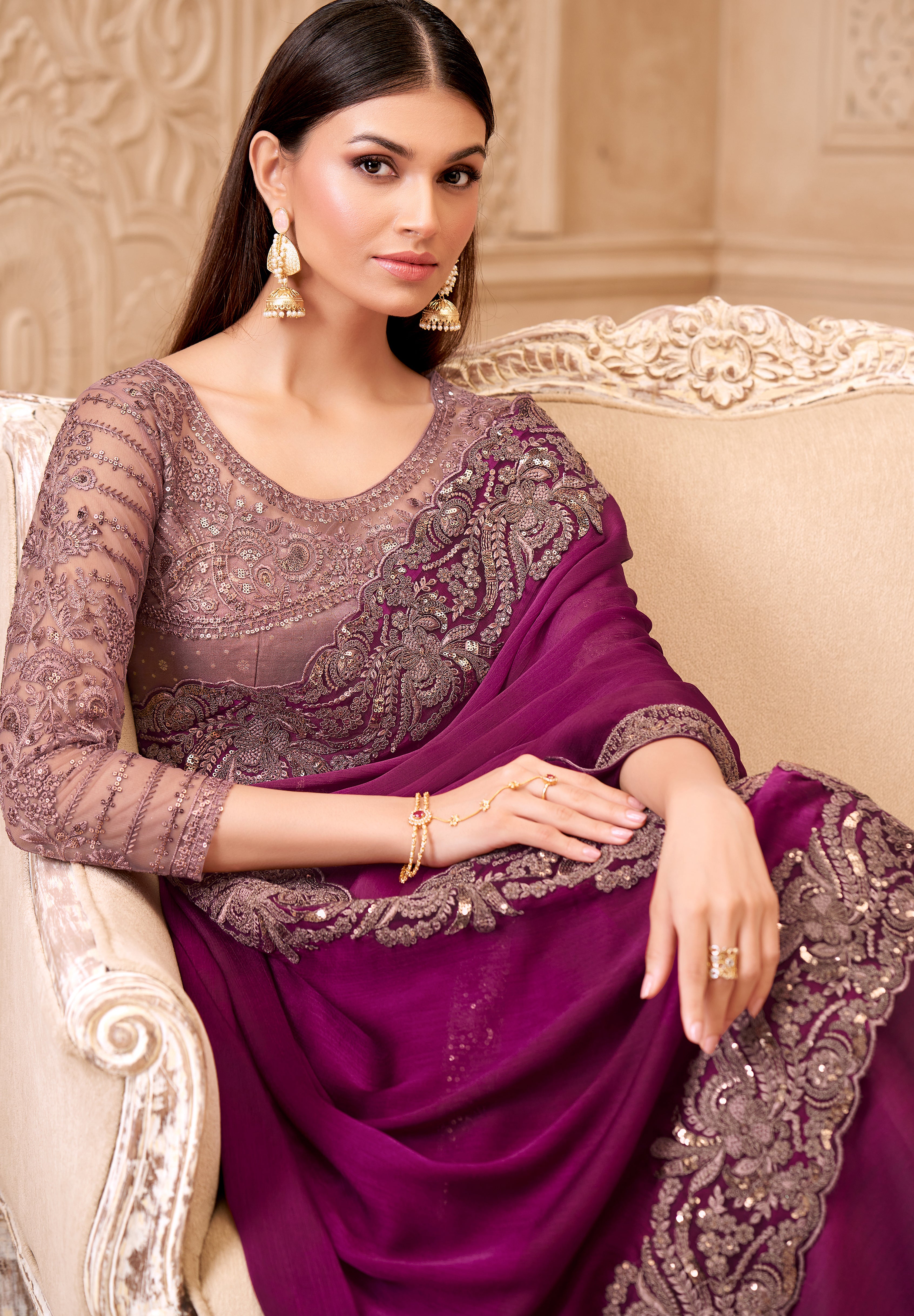 Wine Saree With  Heavy Thread Embroidery Sequins Border Work With Embroidery Blouse