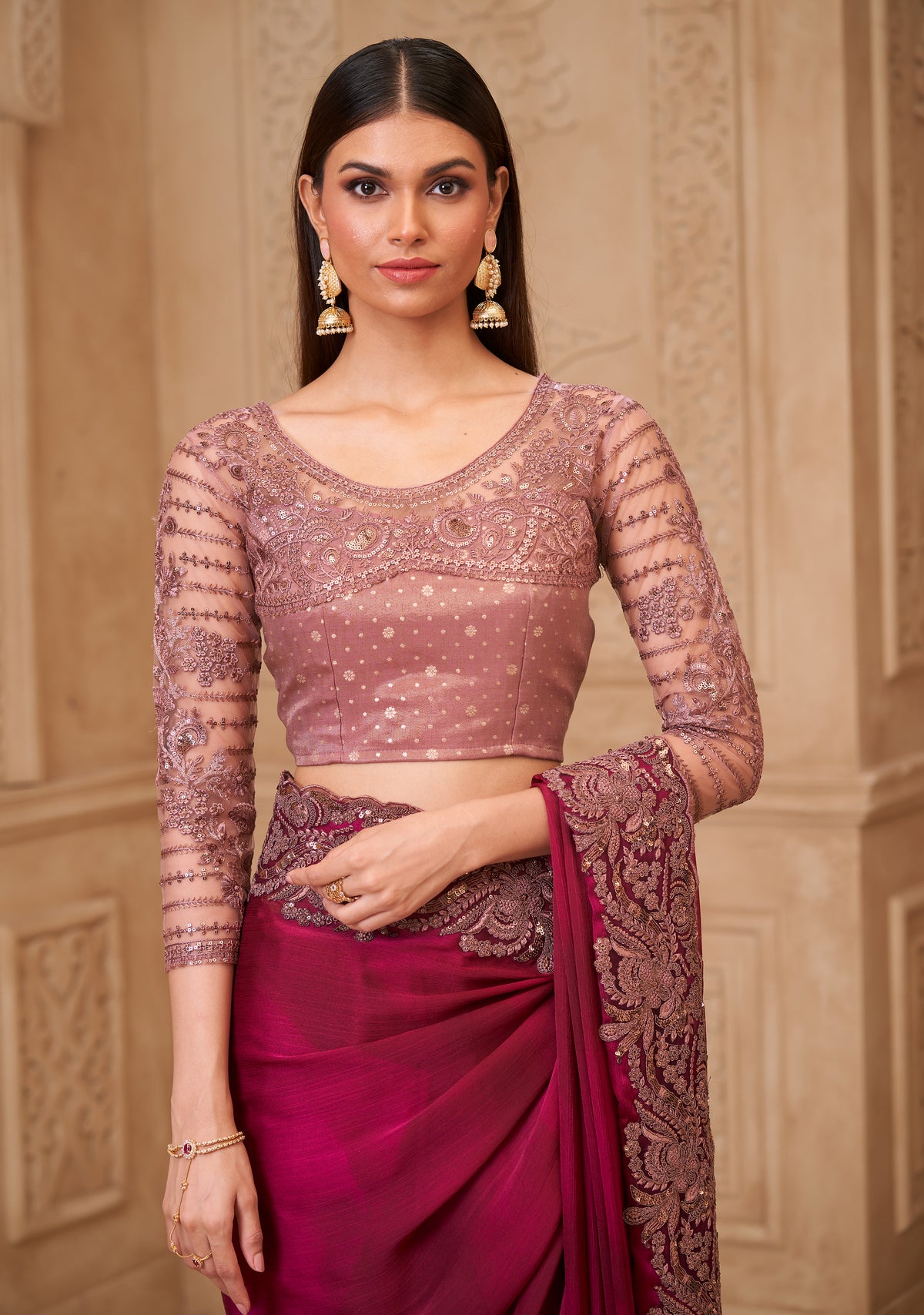 Wine Saree With  Heavy Thread Embroidery Sequins Border Work With Embroidery Blouse