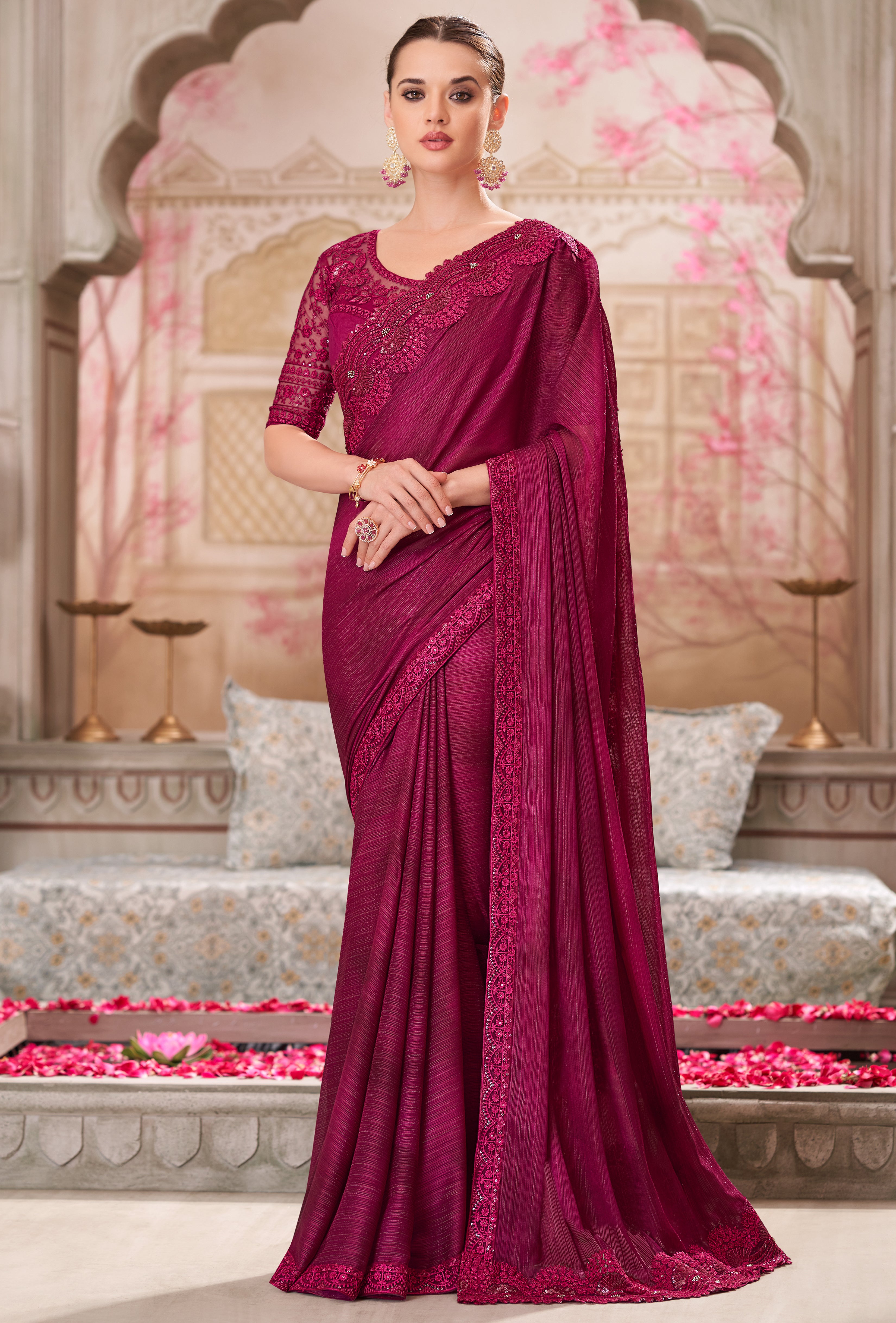 Wine Saree With  Heavy Thread Embroidery Sequins Border Work With Embroidery Blouse