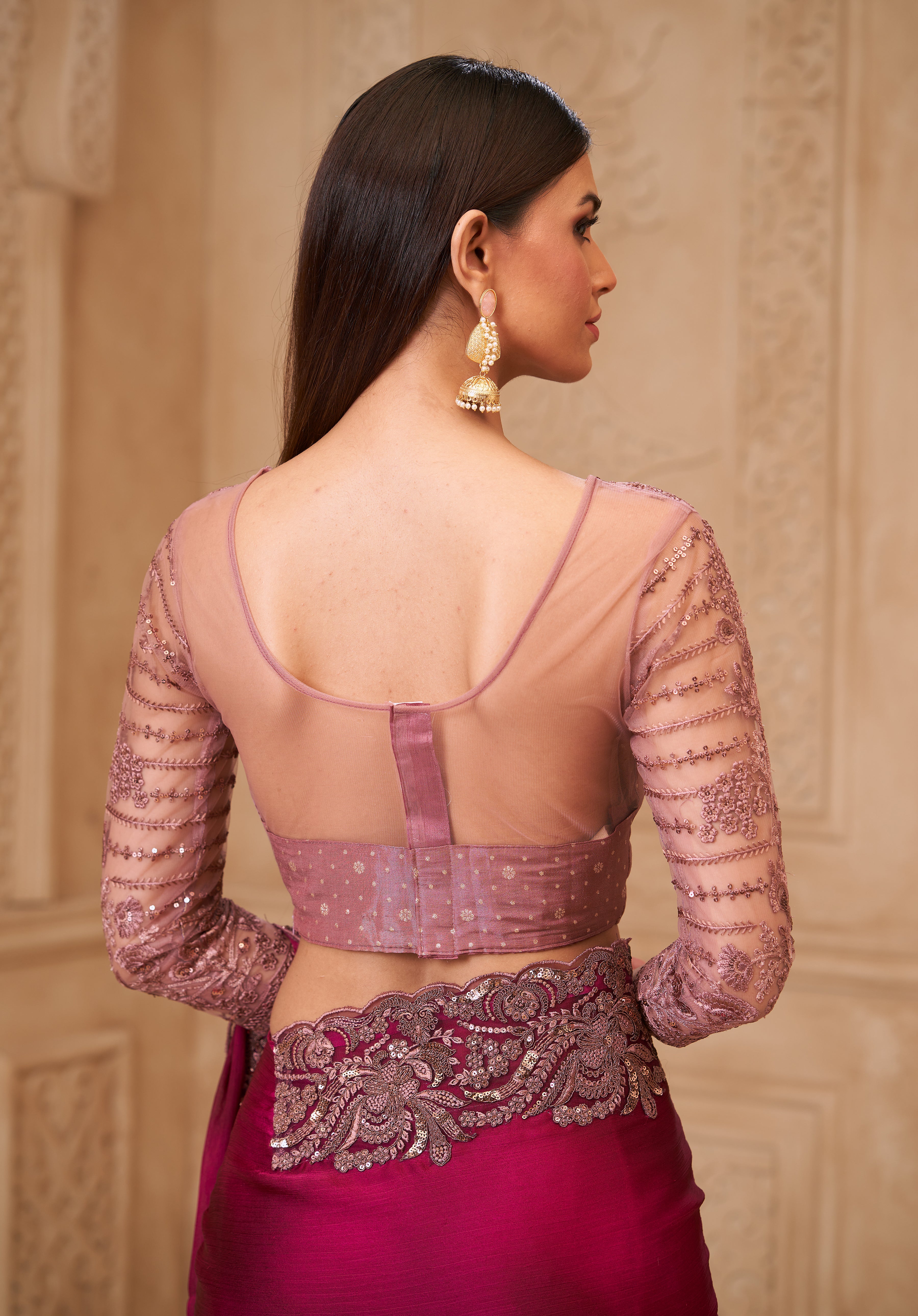 Wine Saree With  Heavy Thread Embroidery Sequins Border Work With Embroidery Blouse