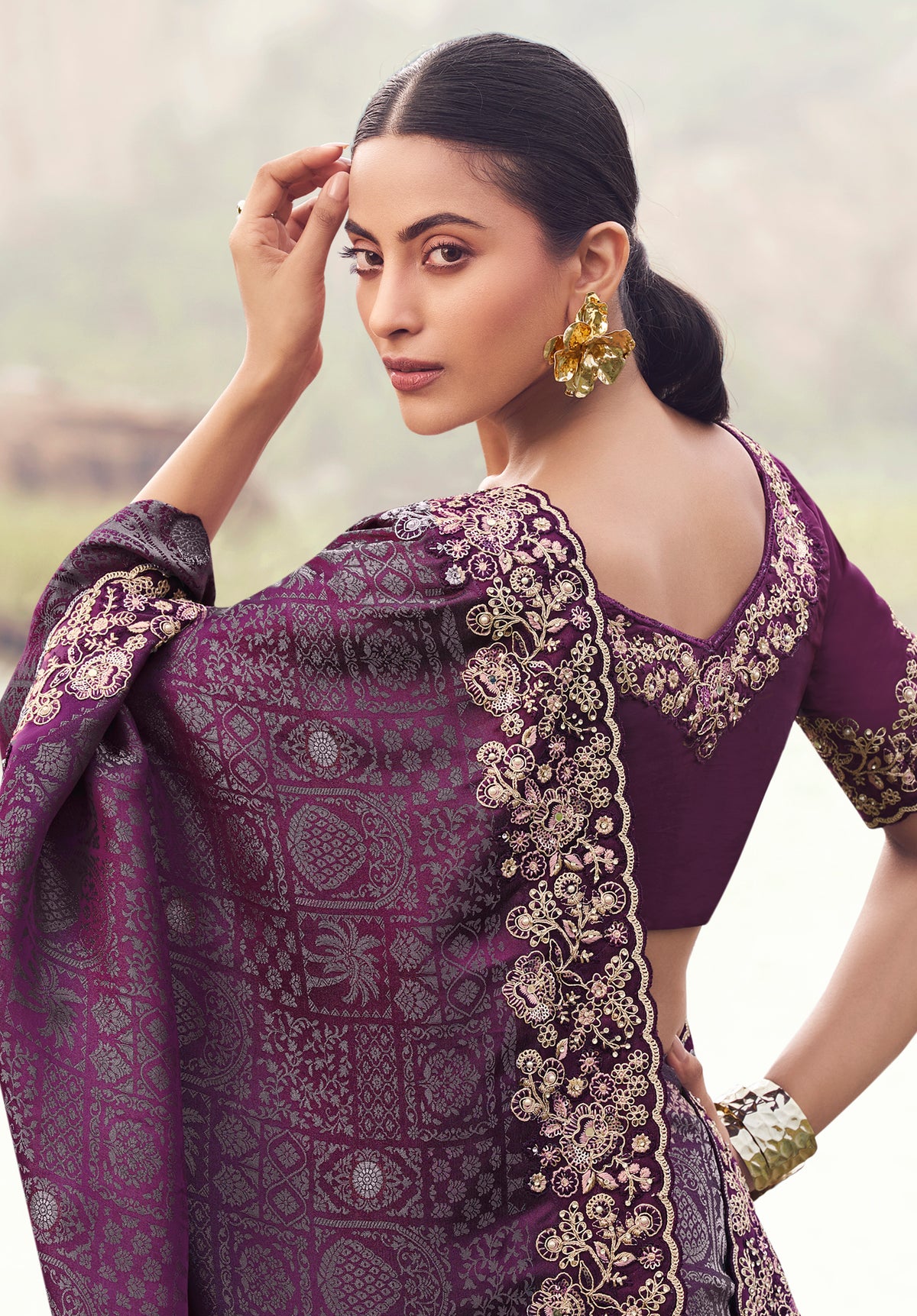 Wine Saree With  Jacquard Woven With Embroidered Border & Blouse