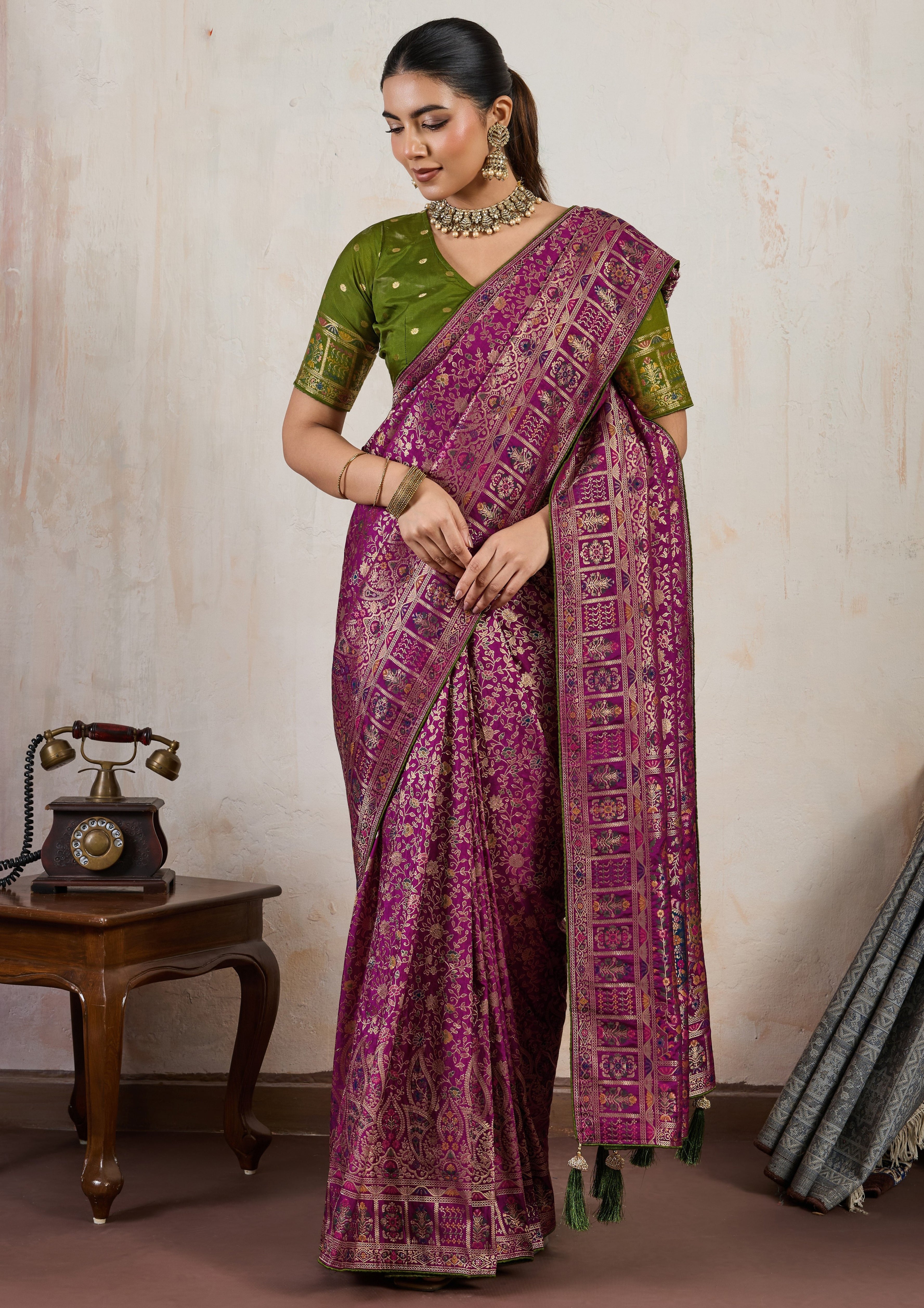 Wine Saree With  Meenakari with 3 Zari Shades & 8 Color Thread Shades, Creating a Masterpiece