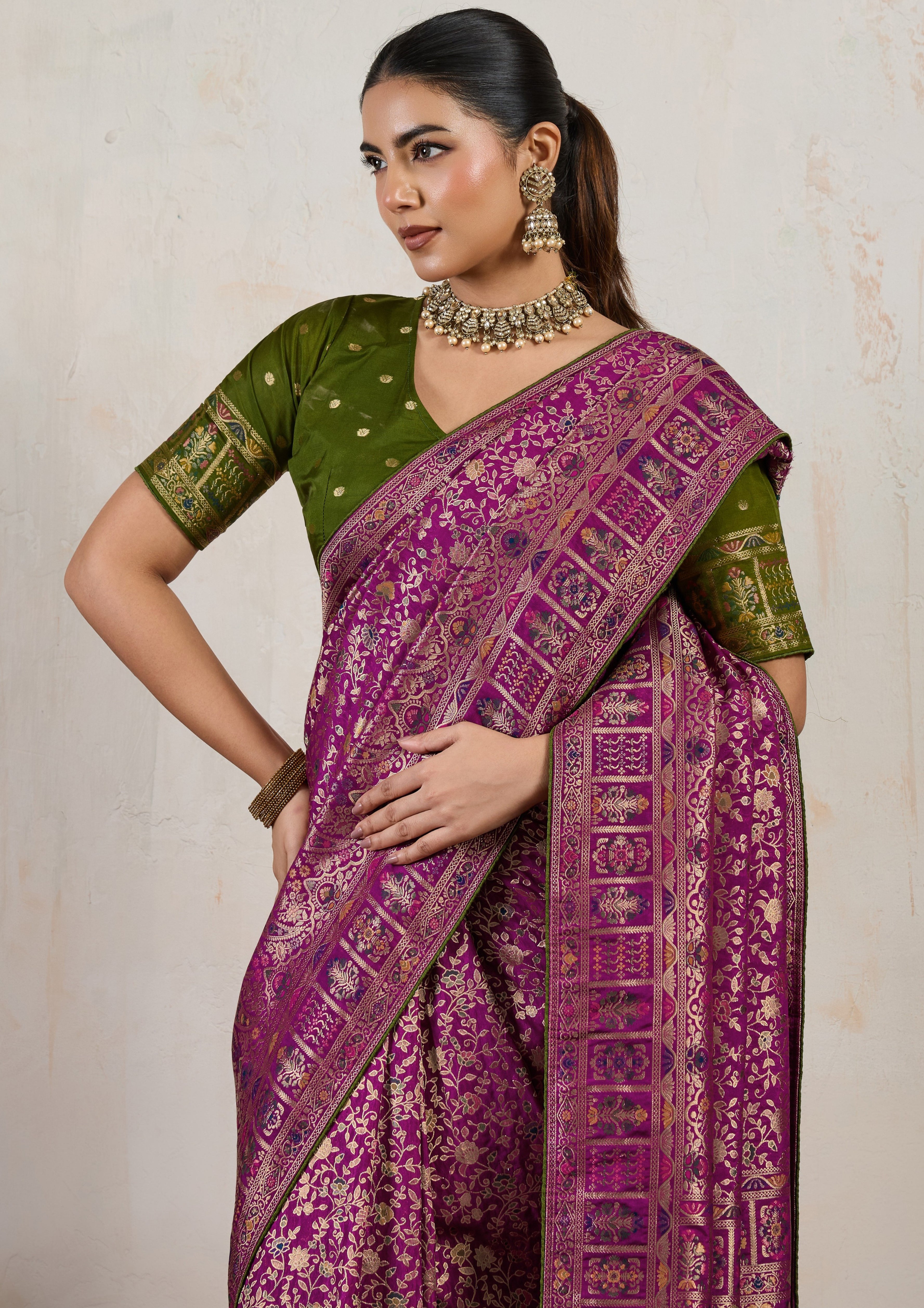 Wine Saree With  Meenakari with 3 Zari Shades & 8 Color Thread Shades, Creating a Masterpiece