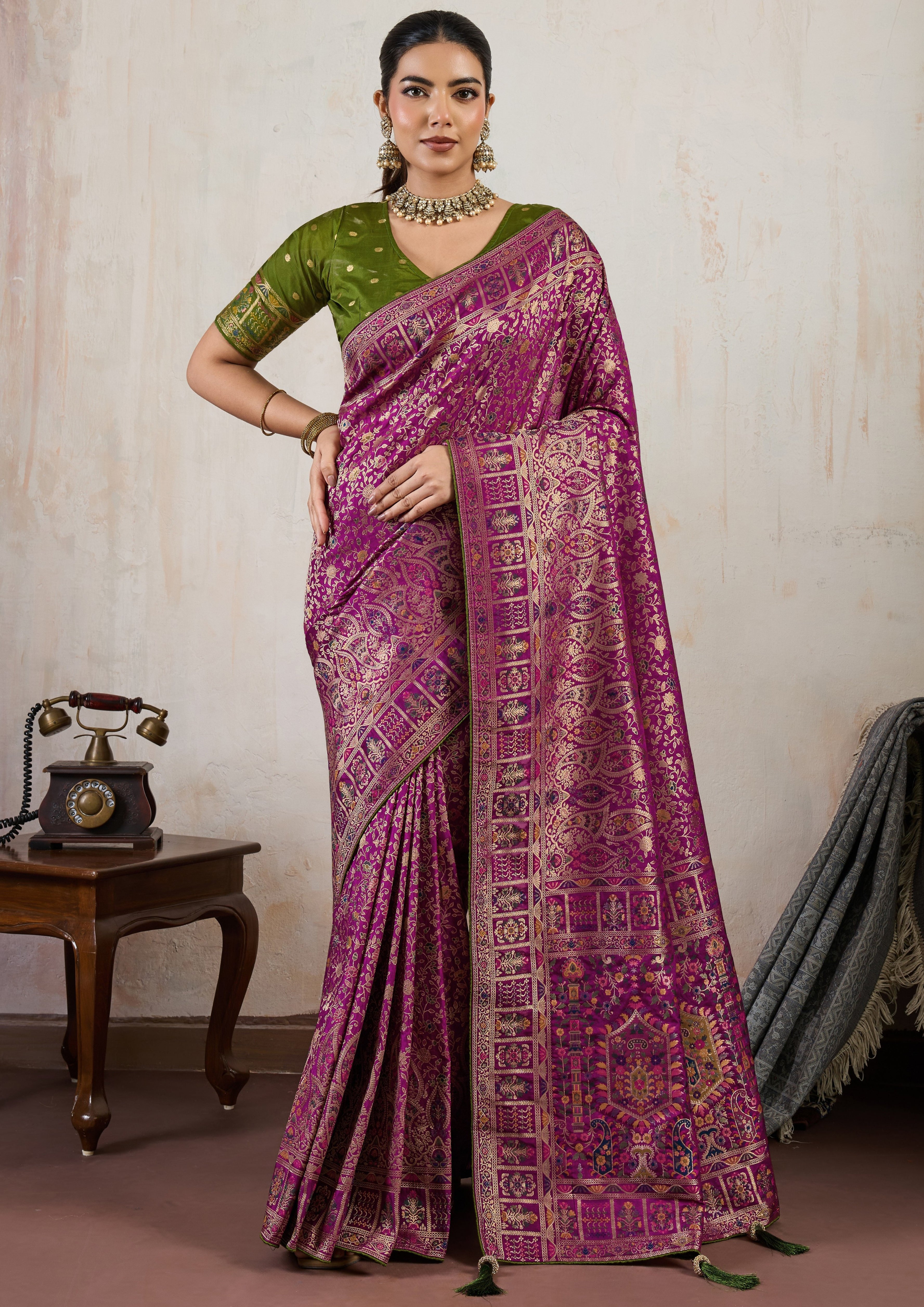 Wine Saree With  Meenakari with 3 Zari Shades & 8 Color Thread Shades, Creating a Masterpiece