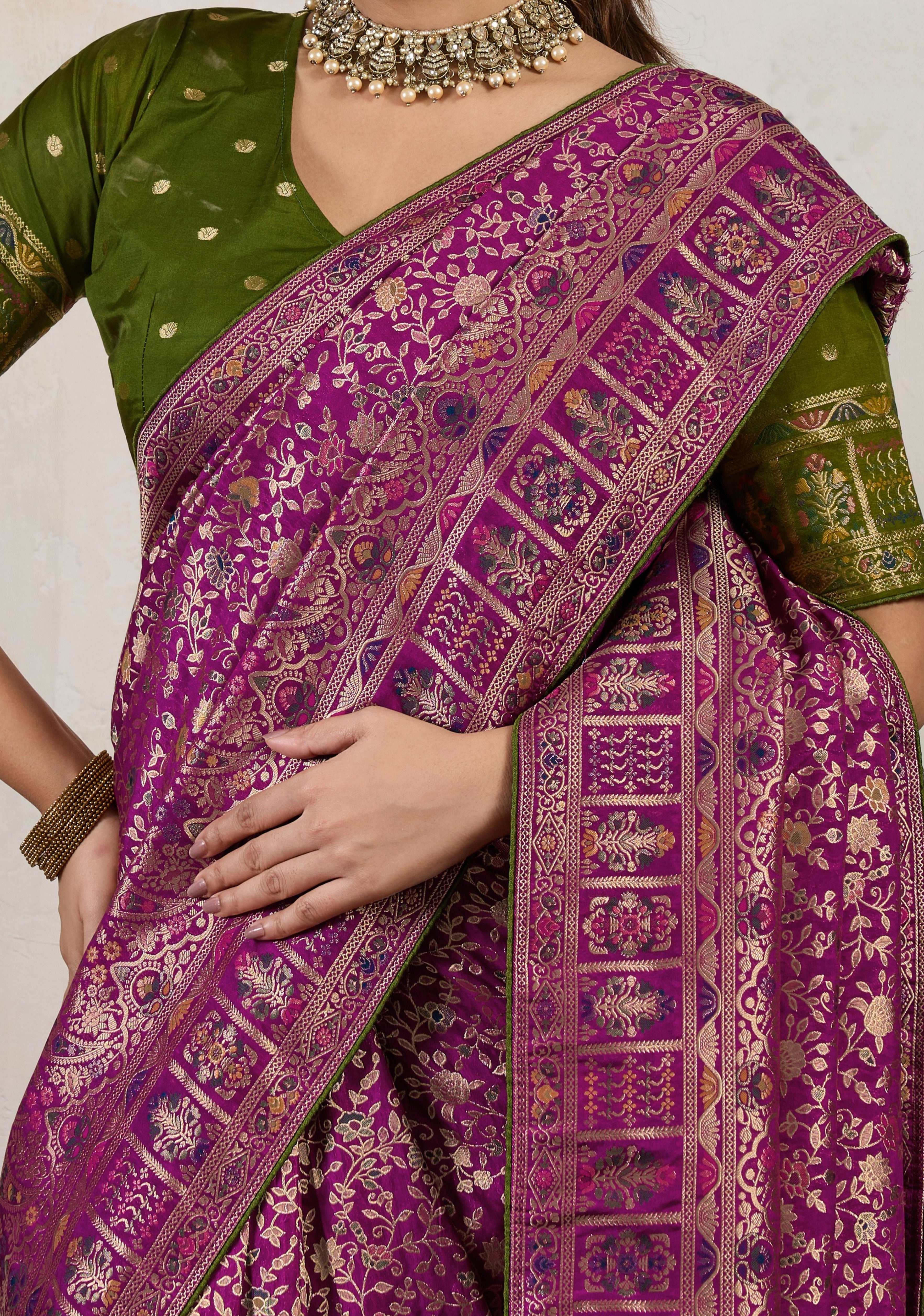 Wine Saree With  Meenakari with 3 Zari Shades & 8 Color Thread Shades, Creating a Masterpiece