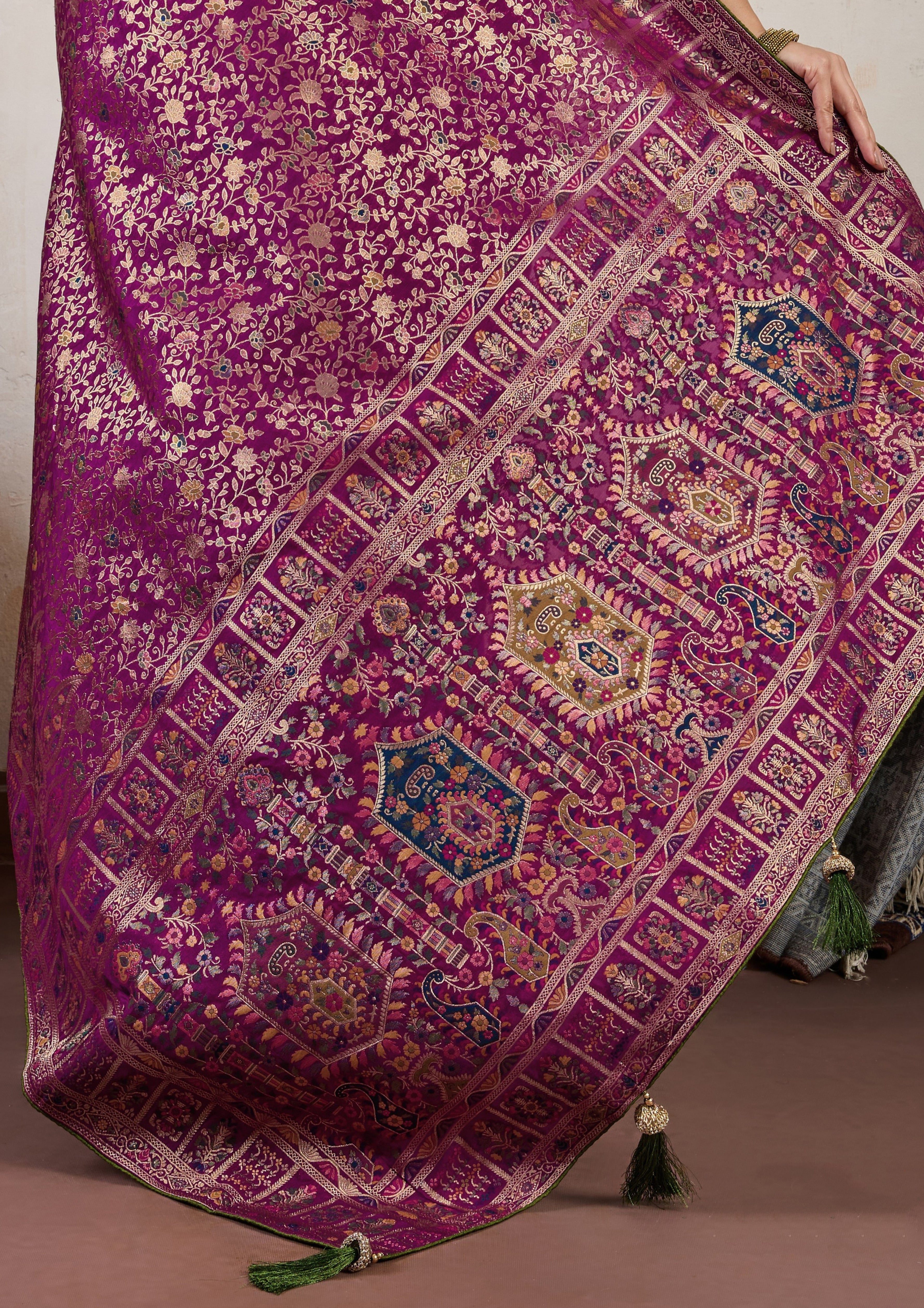 Wine Saree With  Meenakari with 3 Zari Shades & 8 Color Thread Shades, Creating a Masterpiece