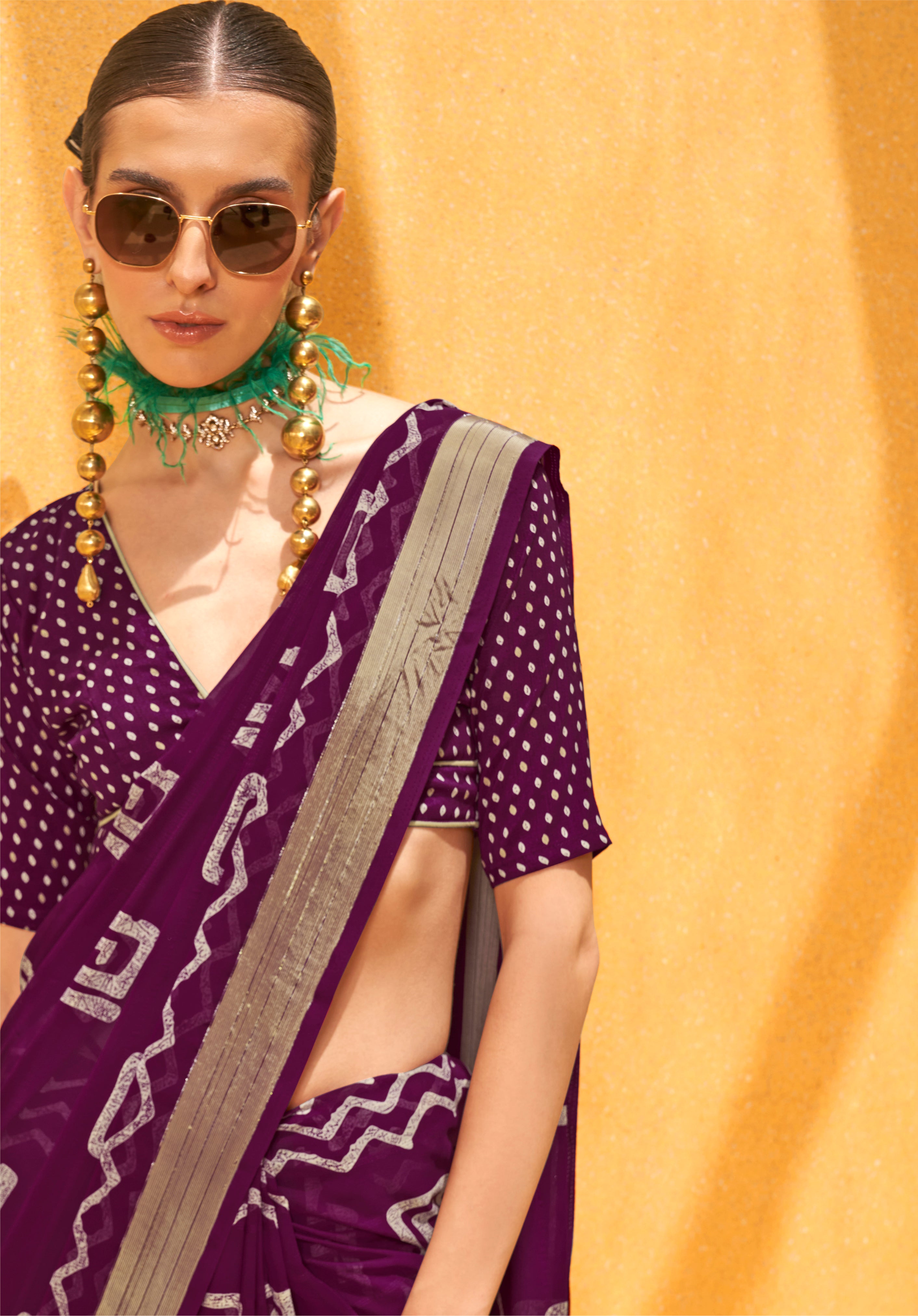 Wine Saree With Printed Work